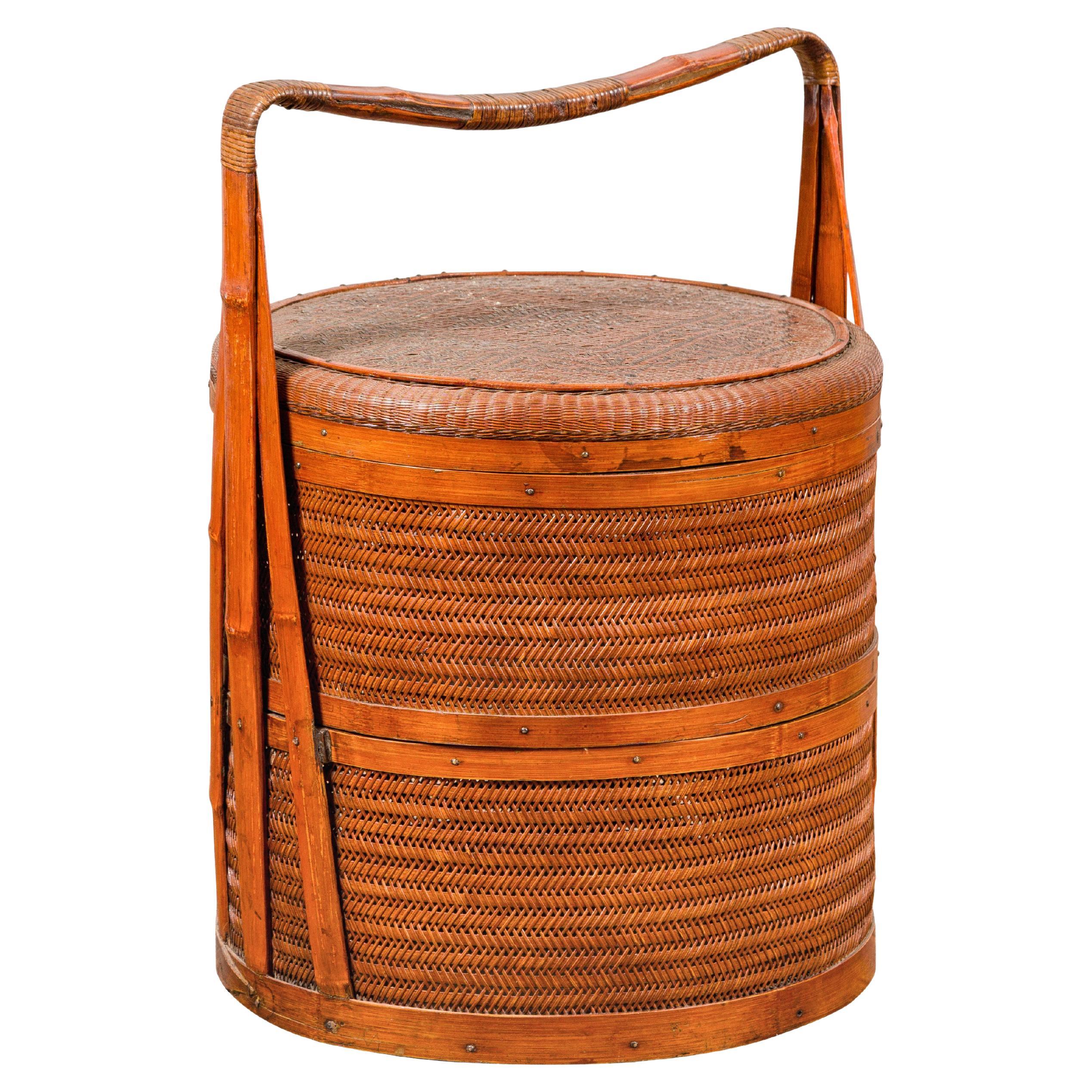 Chinese Two-Tiered Bamboo and Rattan Lidded Food Basket with Large Handle For Sale