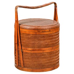 Used Chinese Two-Tiered Bamboo and Rattan Lidded Food Basket with Large Handle