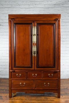 Two-Toned Wooden Cabinet with Brass Hardware and Five Storage Drawers