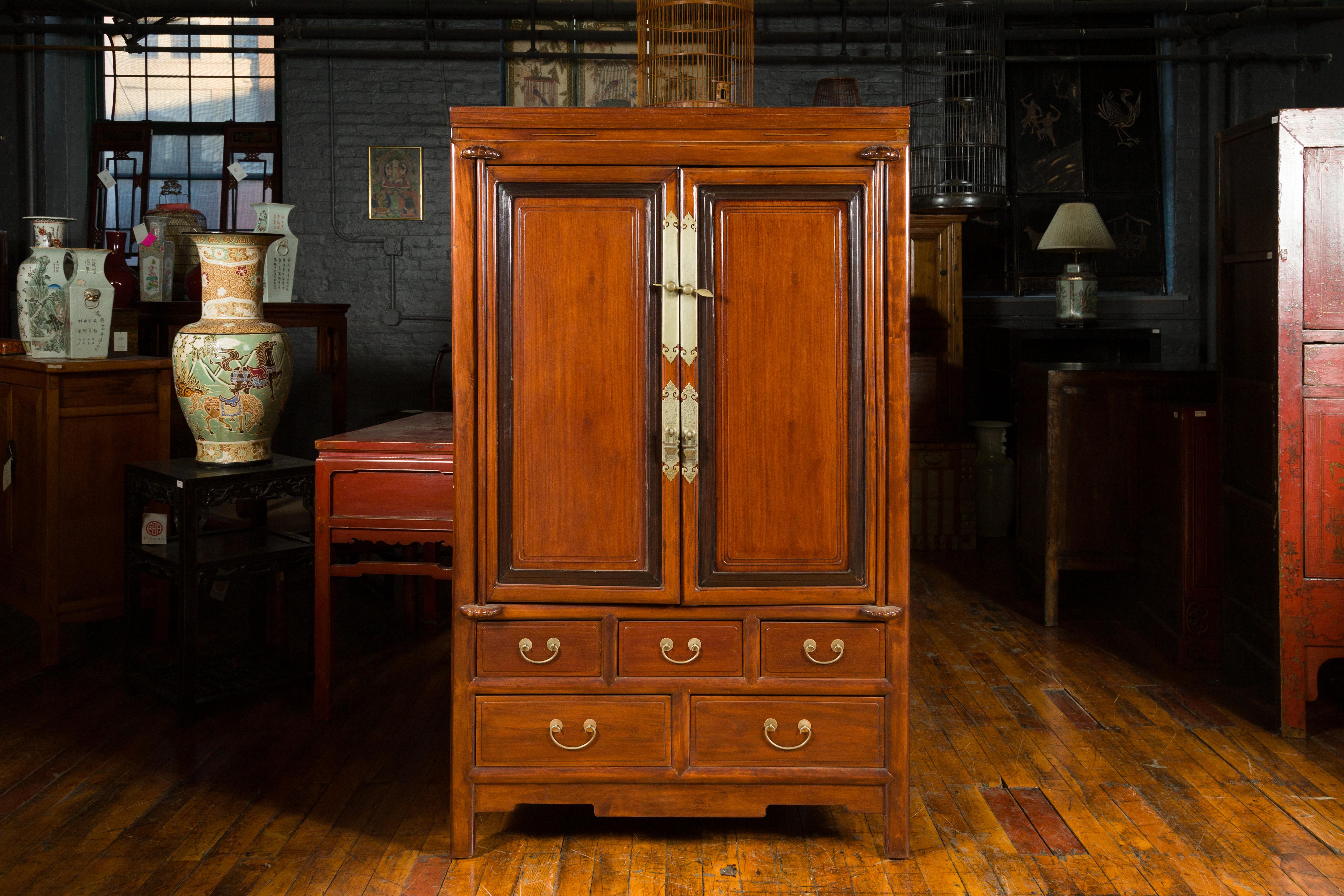 Chinese Two-Toned Cabinet with Doors and Five Drawers with Etched Brass Hardware For Sale