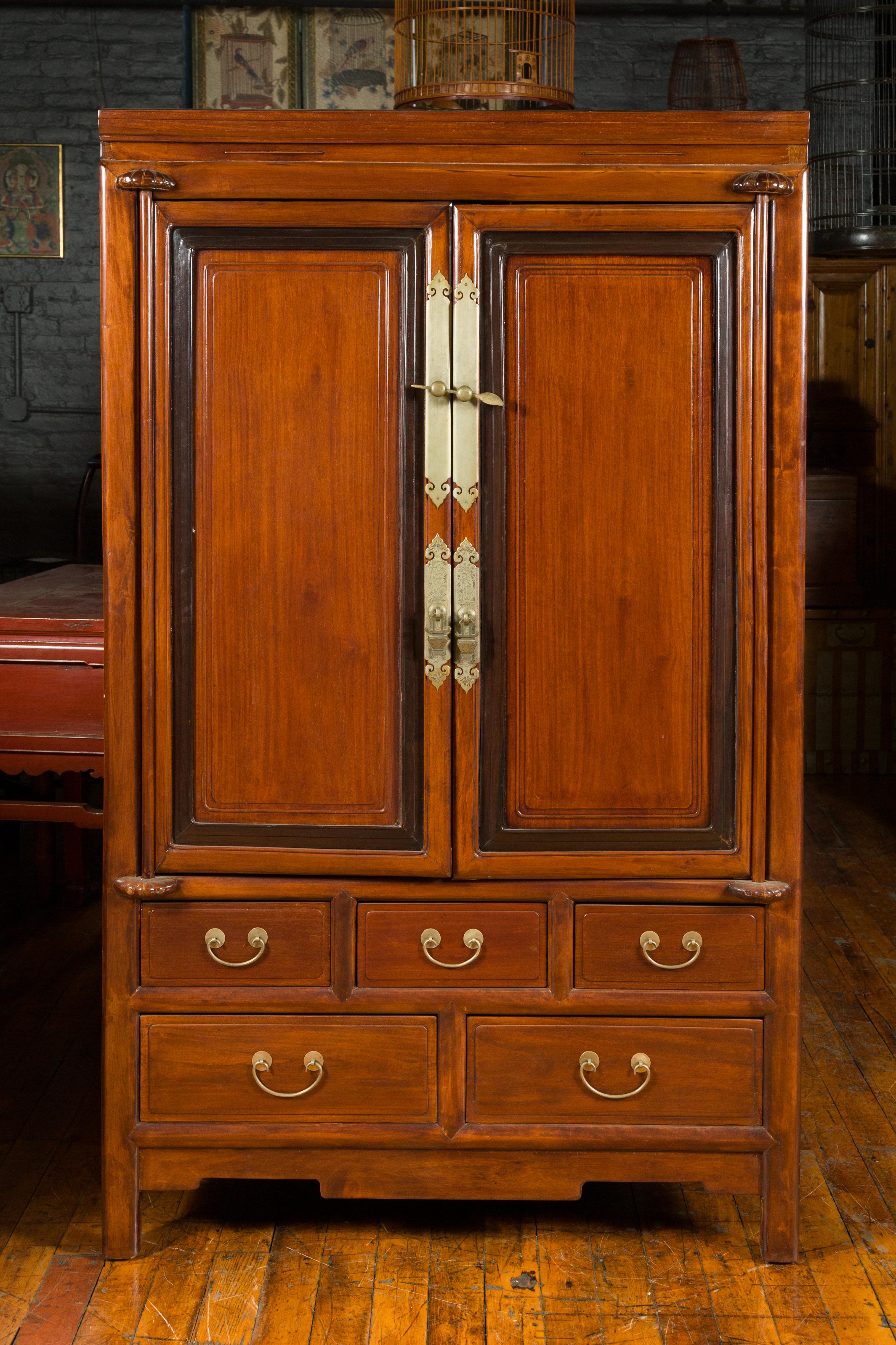 Two-Toned Cabinet with Doors and Five Drawers with Etched Brass Hardware In Good Condition For Sale In Yonkers, NY