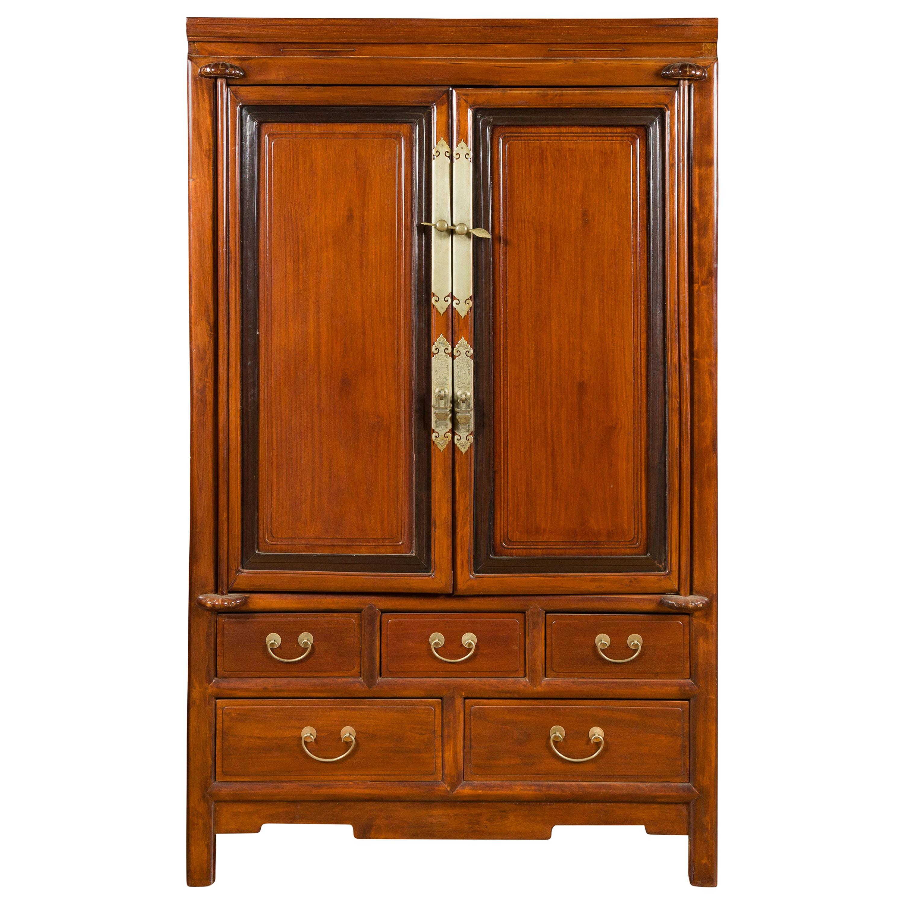 Two-Toned Cabinet with Doors and Five Drawers with Etched Brass Hardware For Sale