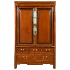 Vintage Two-Toned Cabinet with Doors and Five Drawers with Etched Brass Hardware