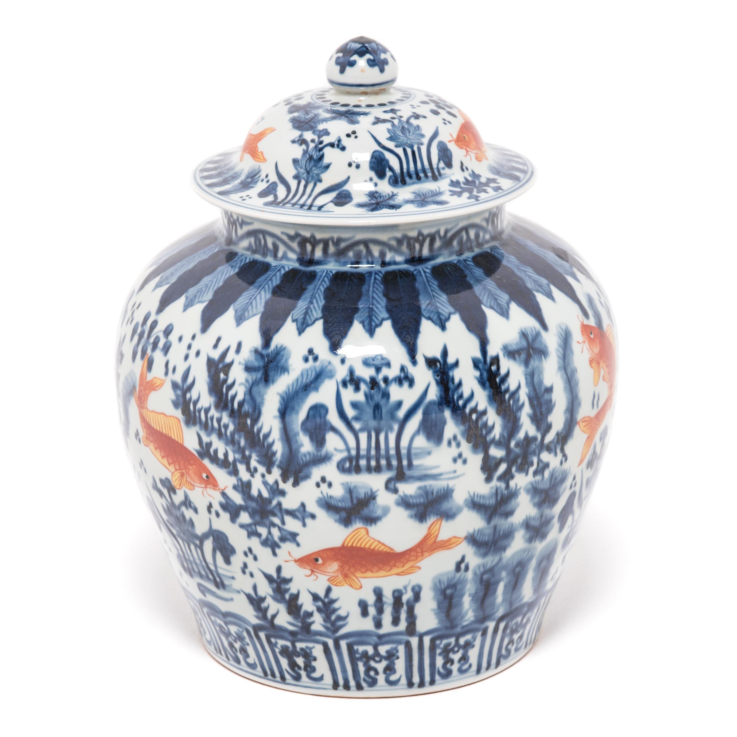 Glazed Chinese Underglaze Indigo and Copper Fish Jar