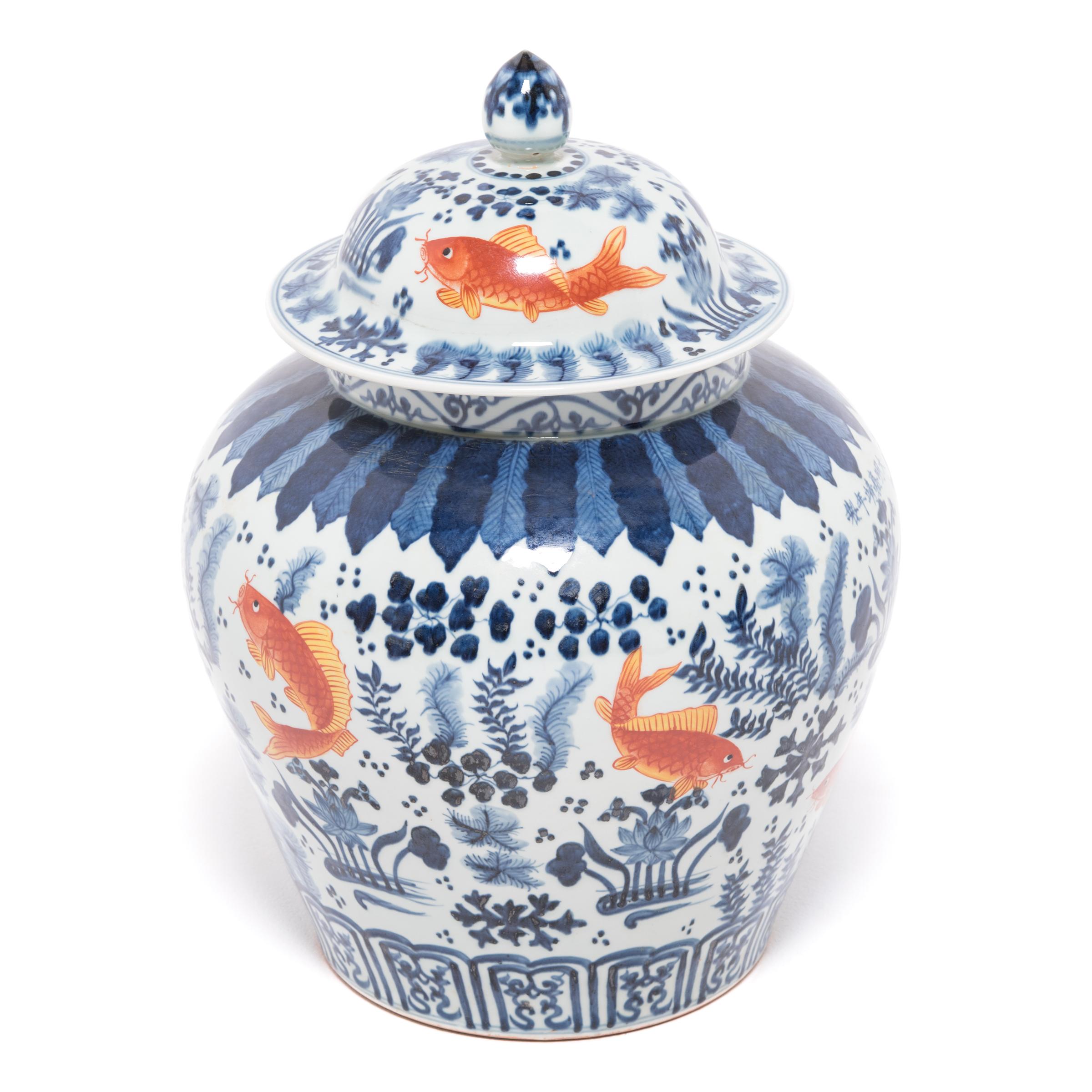 Glazed Chinese Underglaze Indigo and Copper Fish Jar