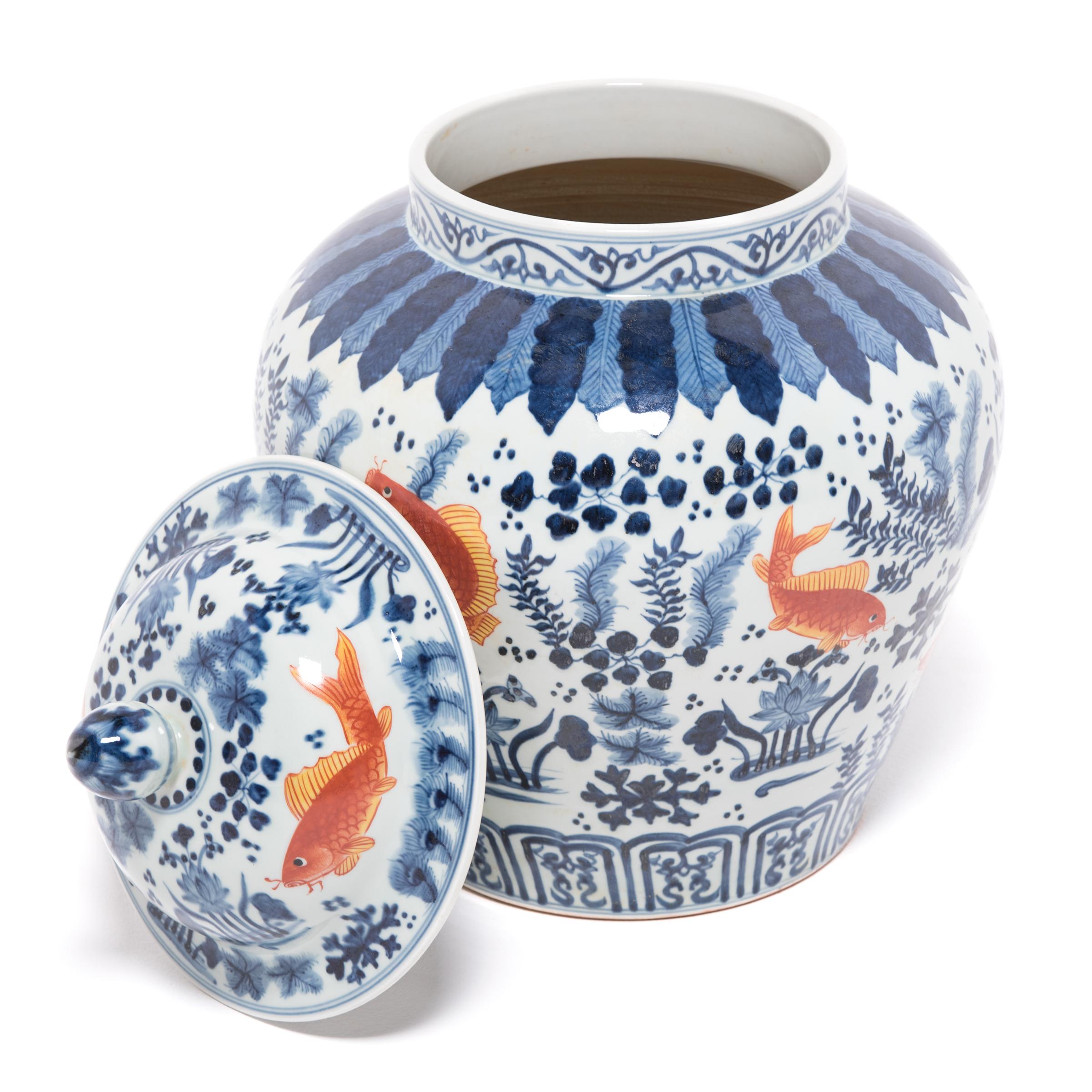 Contemporary Chinese Underglaze Indigo and Copper Fish Jar