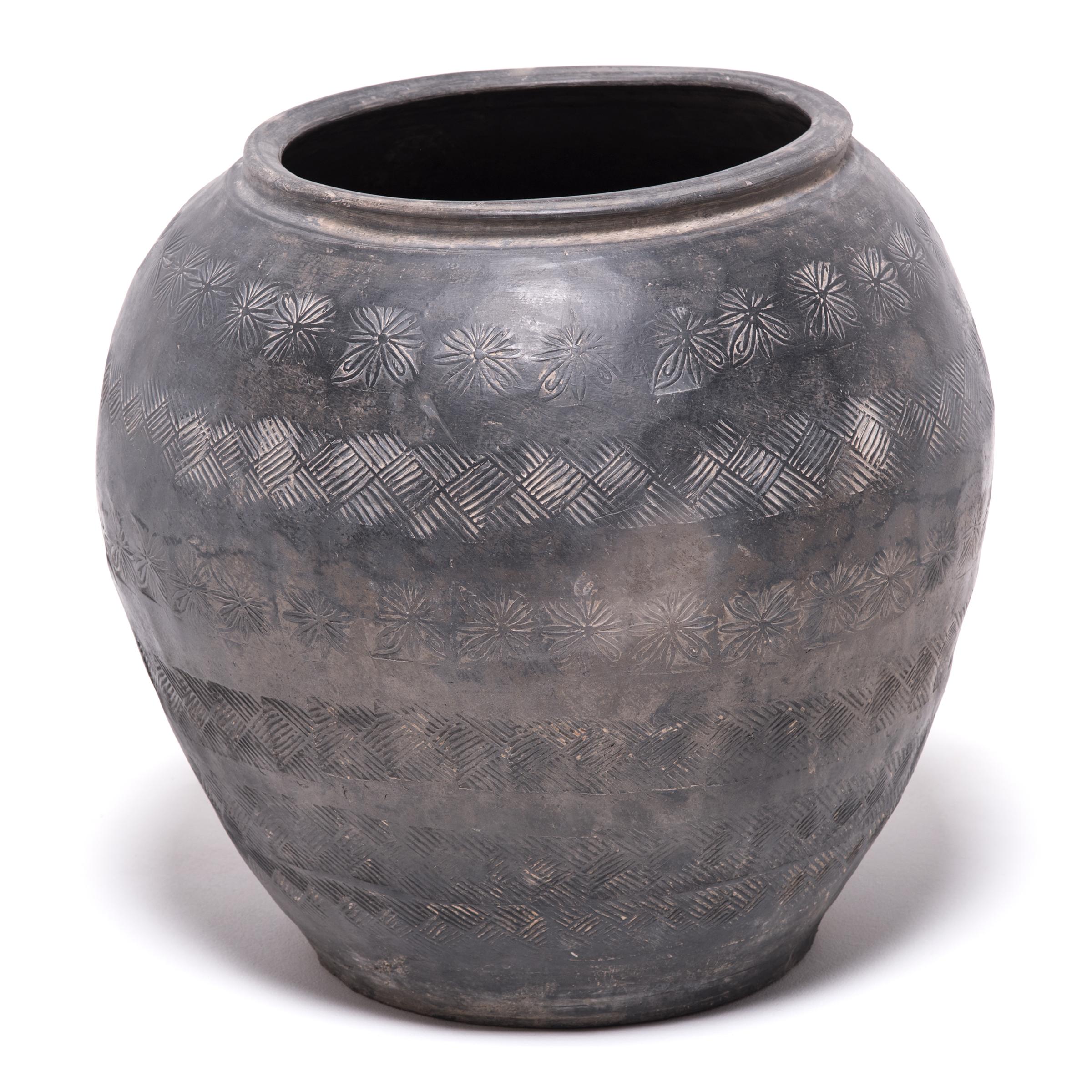 Rustic Chinese Unglazed Stamped Clay Jar