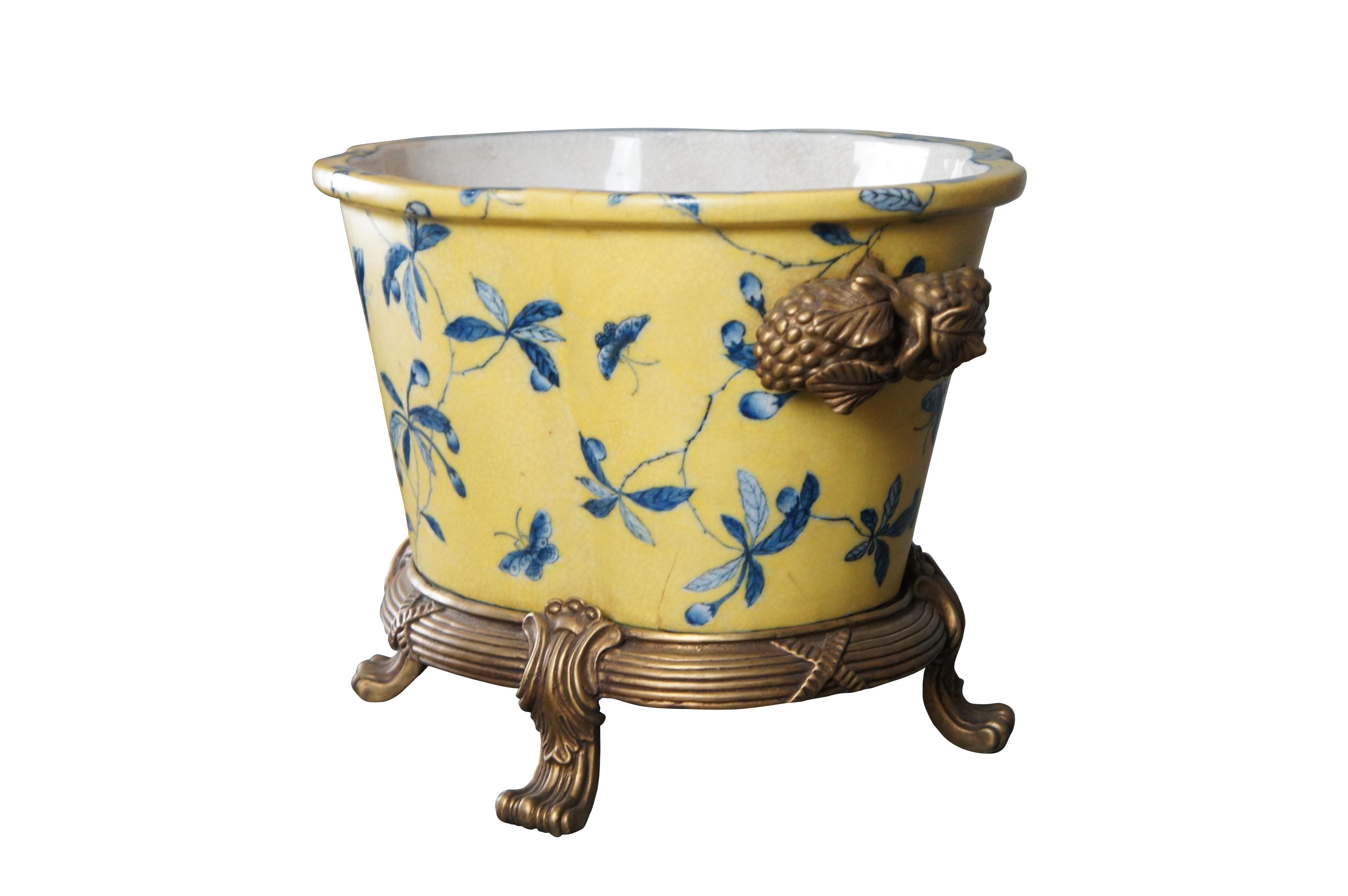 Chinoiserie Chinese United Wilson Porcelain Lobed Jardiniere Planter Cache Pot Bronze Stand