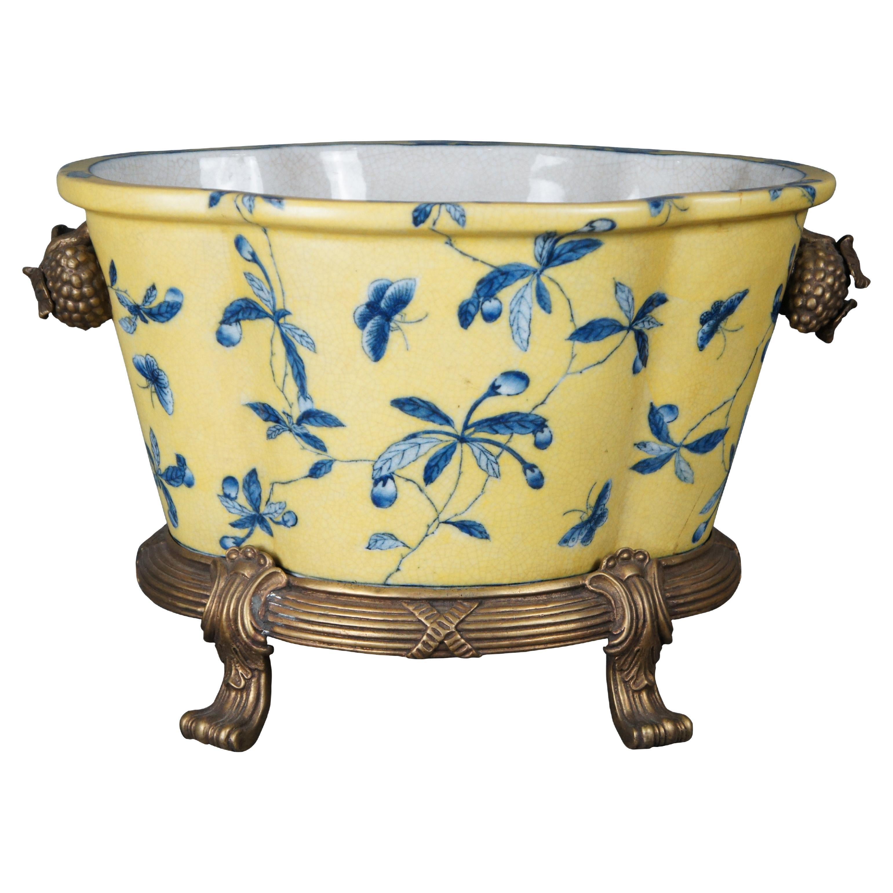 Chinese United Wilson Porcelain Lobed Jardiniere Planter Cache Pot Bronze Stand For Sale