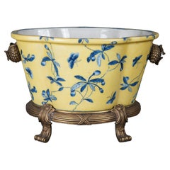 Vintage Chinese United Wilson Porcelain Lobed Jardiniere Planter Cache Pot Bronze Stand