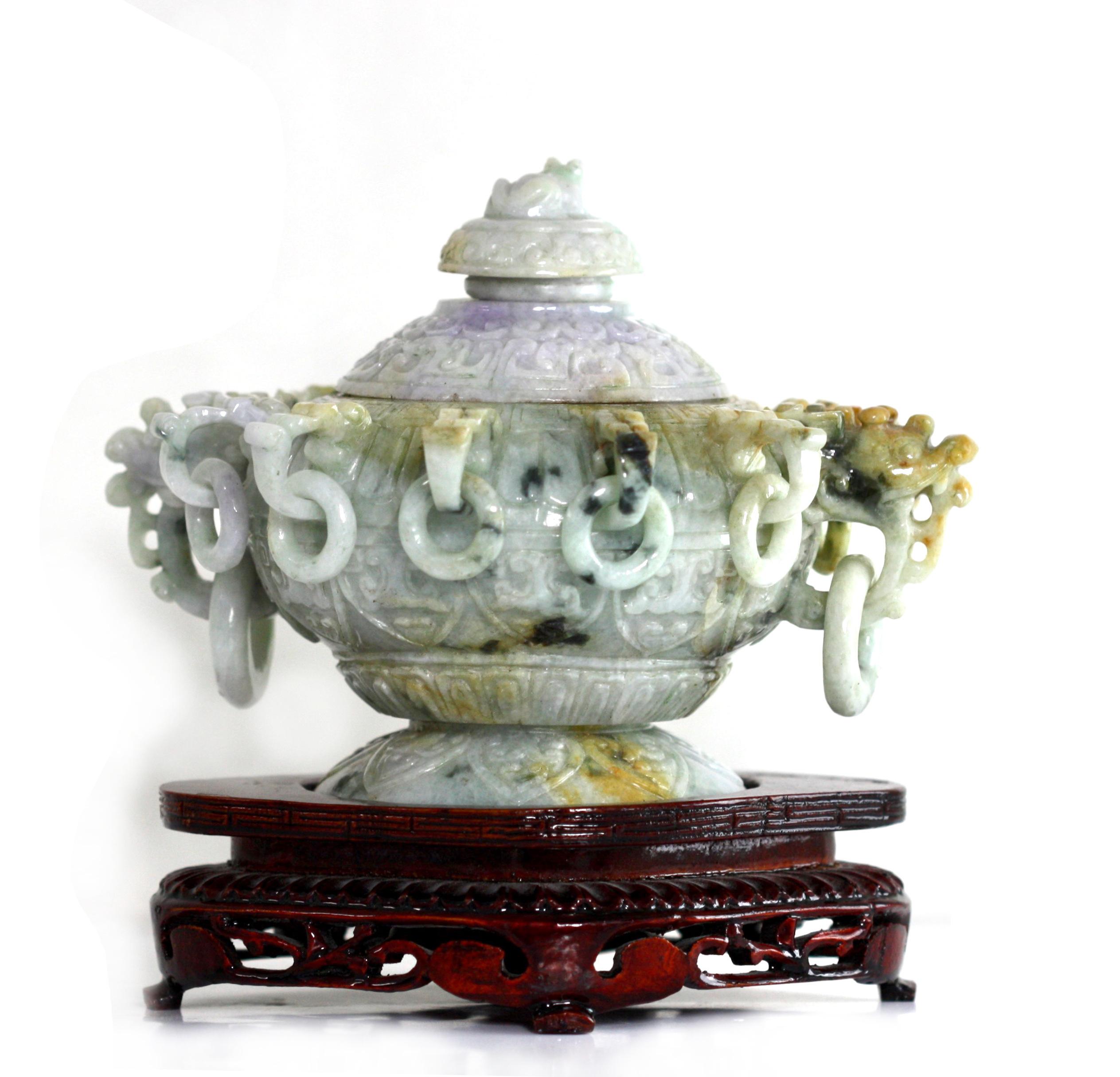  Chinese Unusual Multi-Colored Jade Covered Bowl/Censor In Good Condition For Sale In West Palm Beach, FL