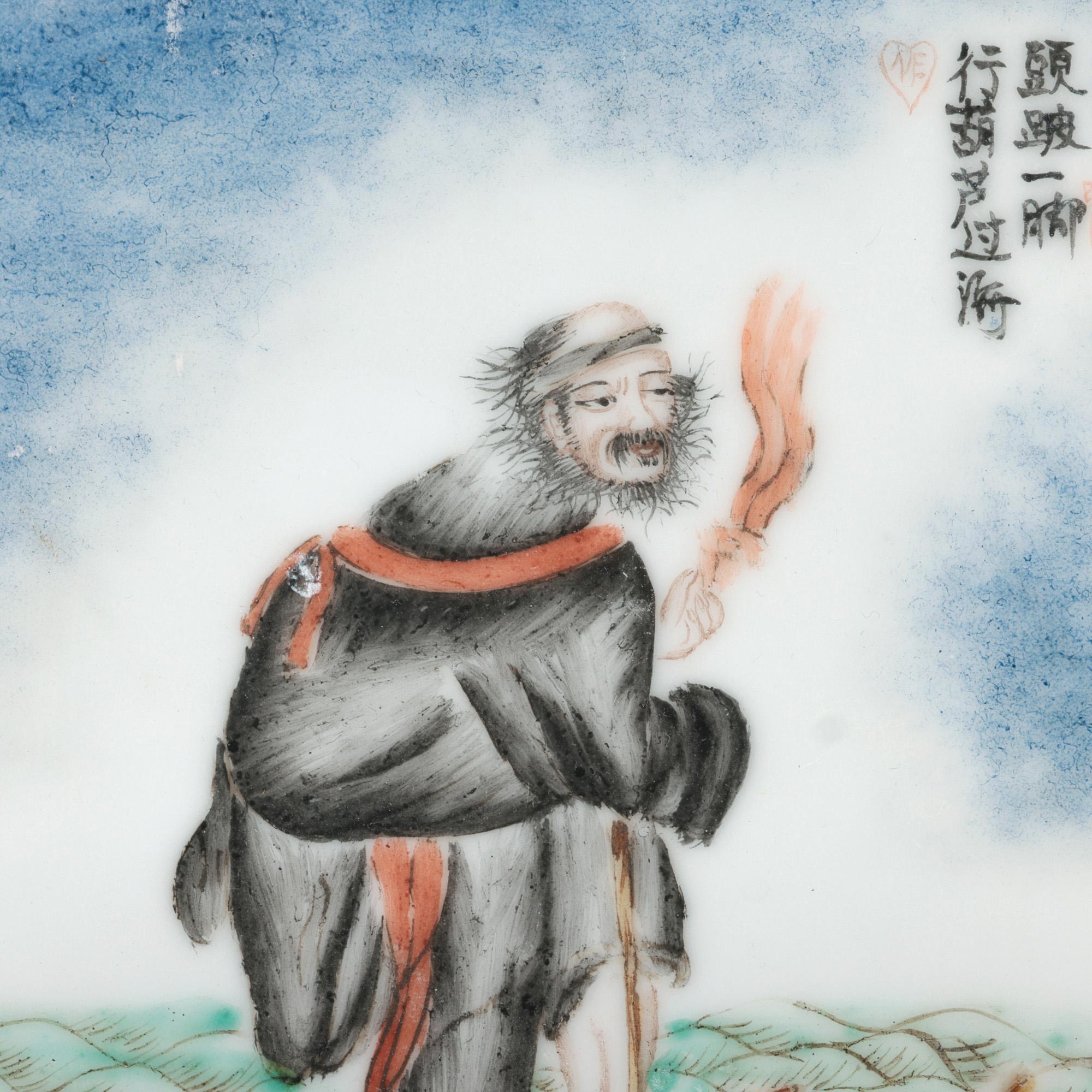Ensemble chinois inhabituel de huit carreaux d'immortels daoistes peints à la main en vente 2