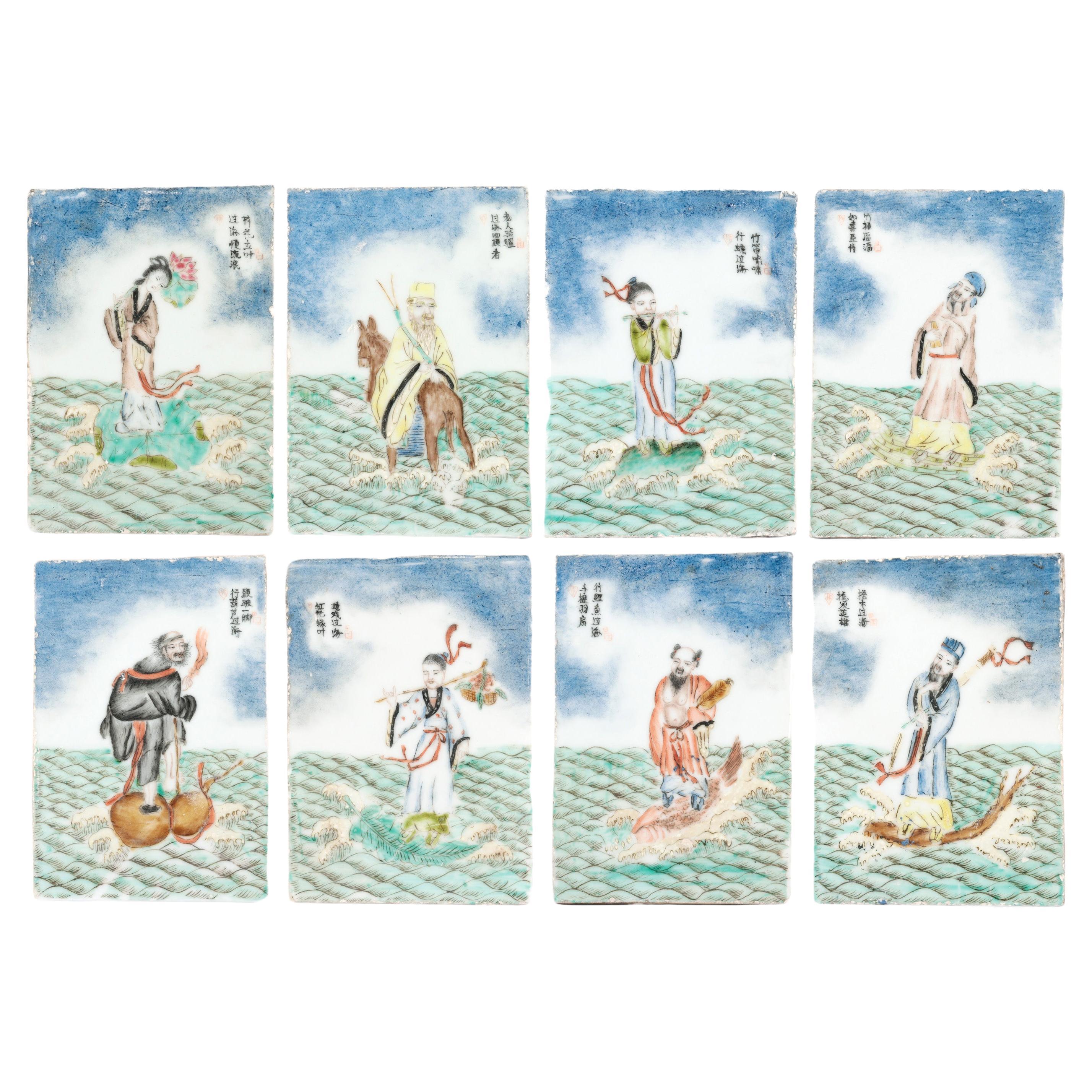 Chinese Unusual Set of Eight Daoist Immortals Hand Painted Tiles