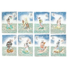 Chinese Unusual Set of Eight Daoist Immortals Hand Painted Tiles