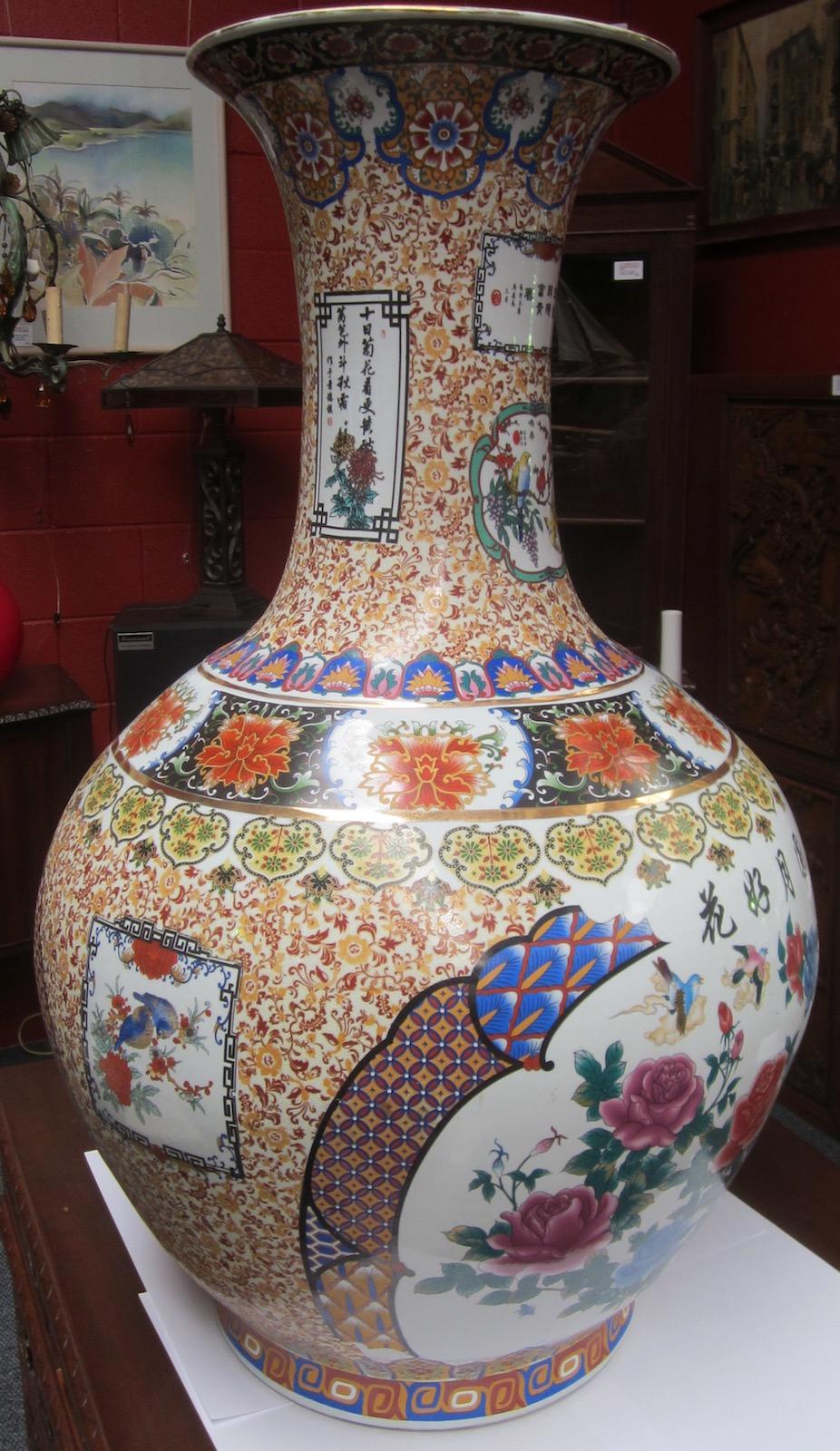 Large Chinese urn, hand painted with cloisonné decoration,
No markings on base.
Our eclectic stock crosses cultures, continents, styles and famous names.