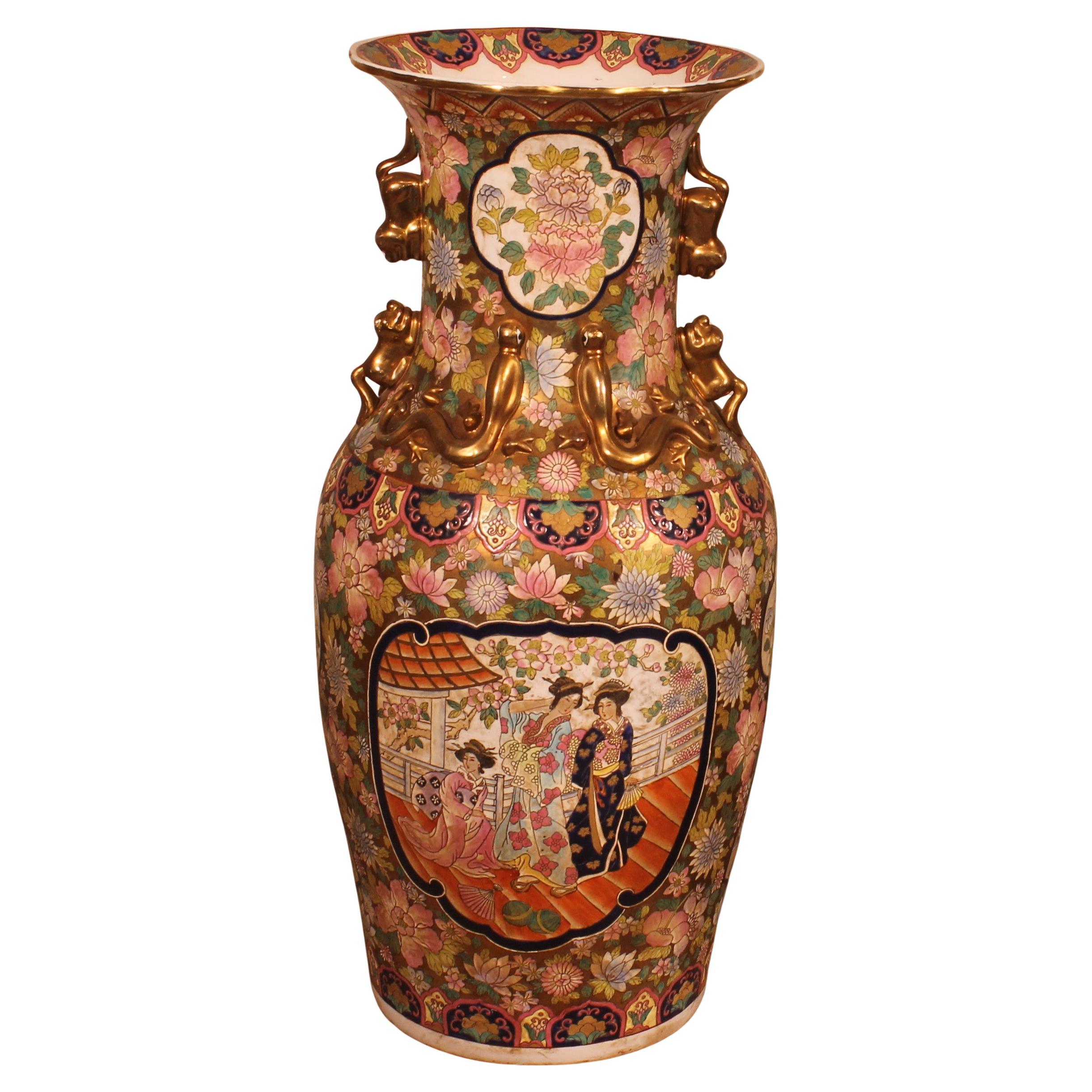 Jarrón Chino De Porcelana Esmaltada Con Decoración Policroma - Sobre Bases en venta