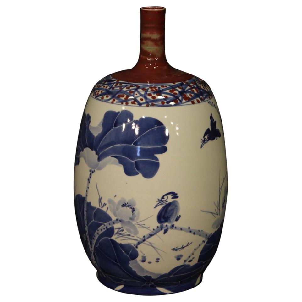 Chinese Vase in Painted Ceramic with Floral and Animal Decorations, 21st Century For Sale