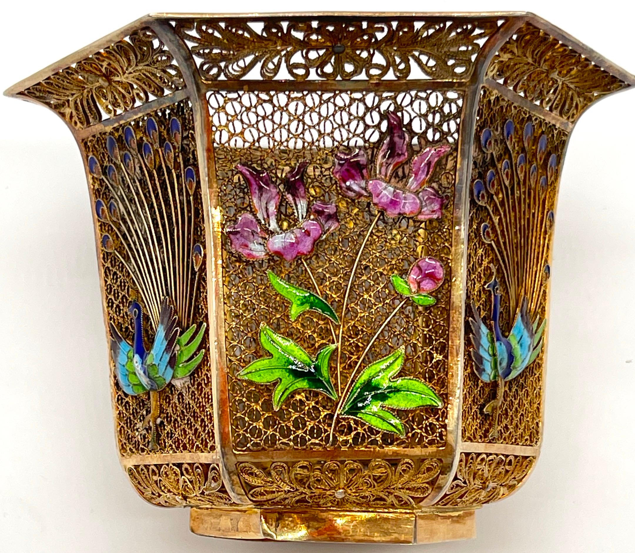 Chinese Vermeil Sterling, Enameled Peacocks & Flowers Motif Vase & Stand  For Sale 8