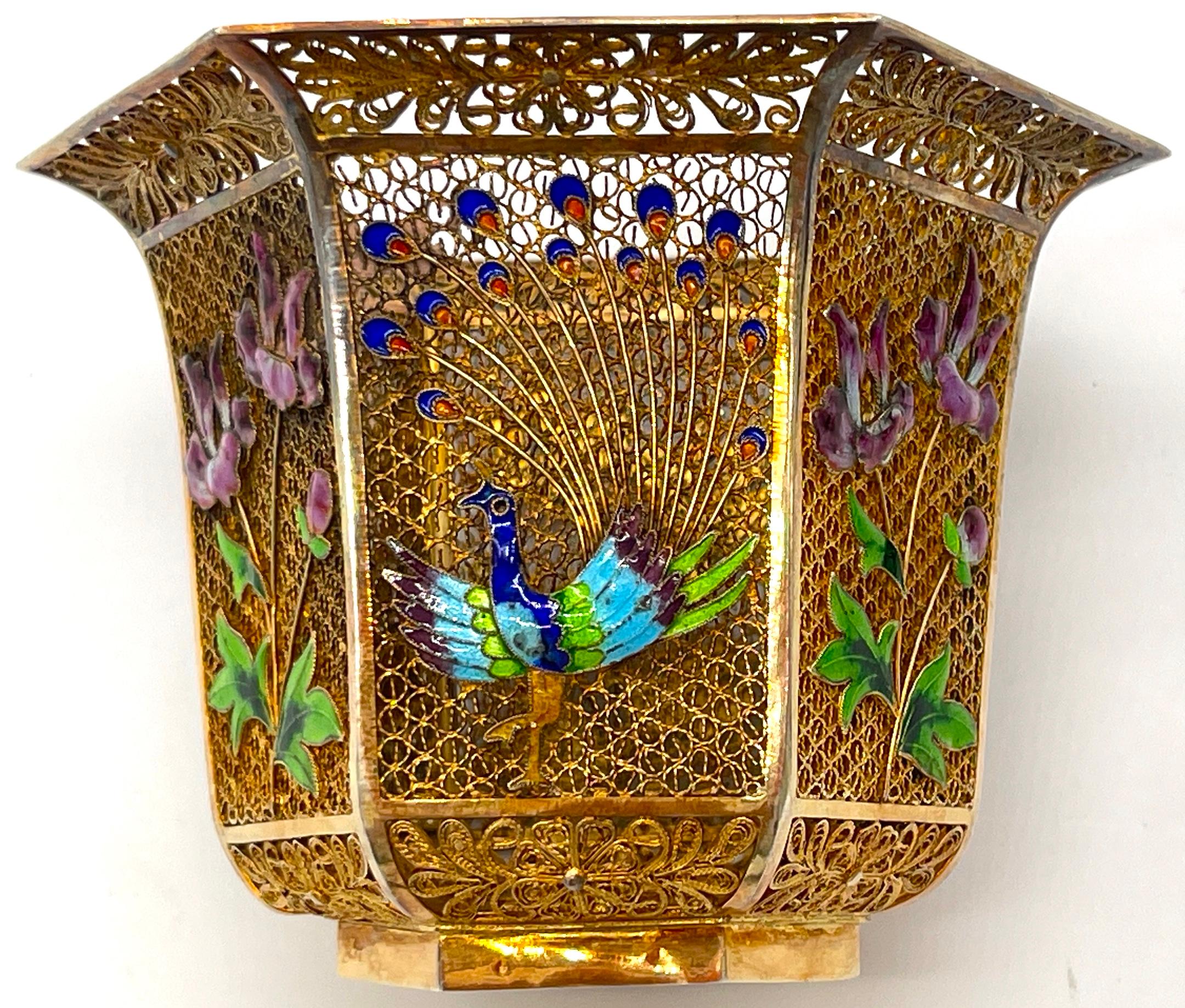 Chinese Vermeil Sterling, Enameled Peacocks & Flowers Motif Vase & Stand  For Sale 9