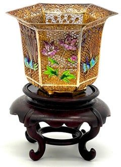 Chinese Vermeil Sterling, Enameled Peacocks & Flowers Motif Vase & Stand