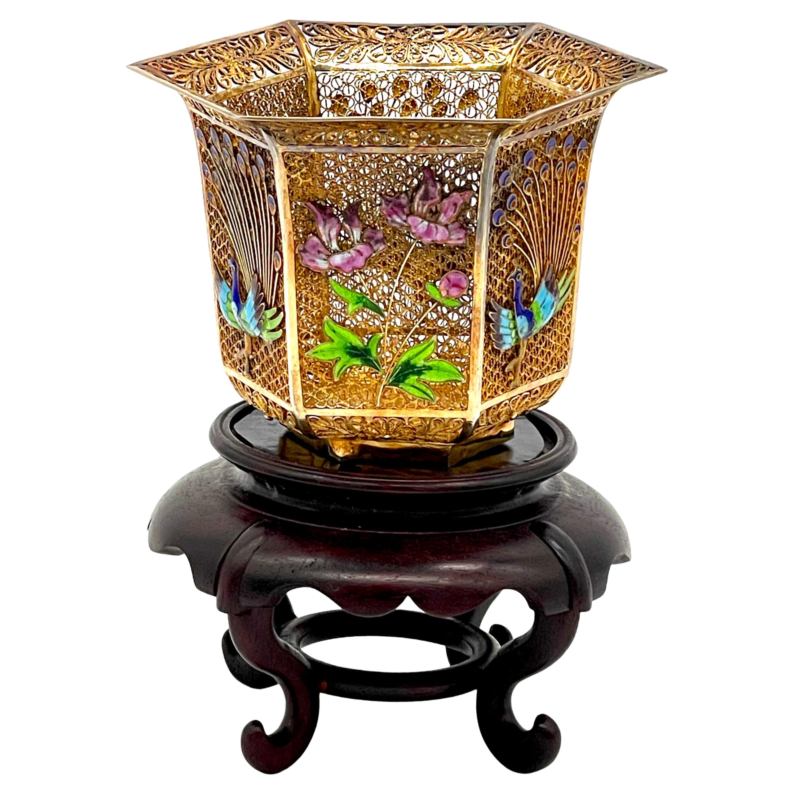 Chinese Vermeil Sterling, Enameled Peacocks & Flowers Motif Vase & Stand  For Sale