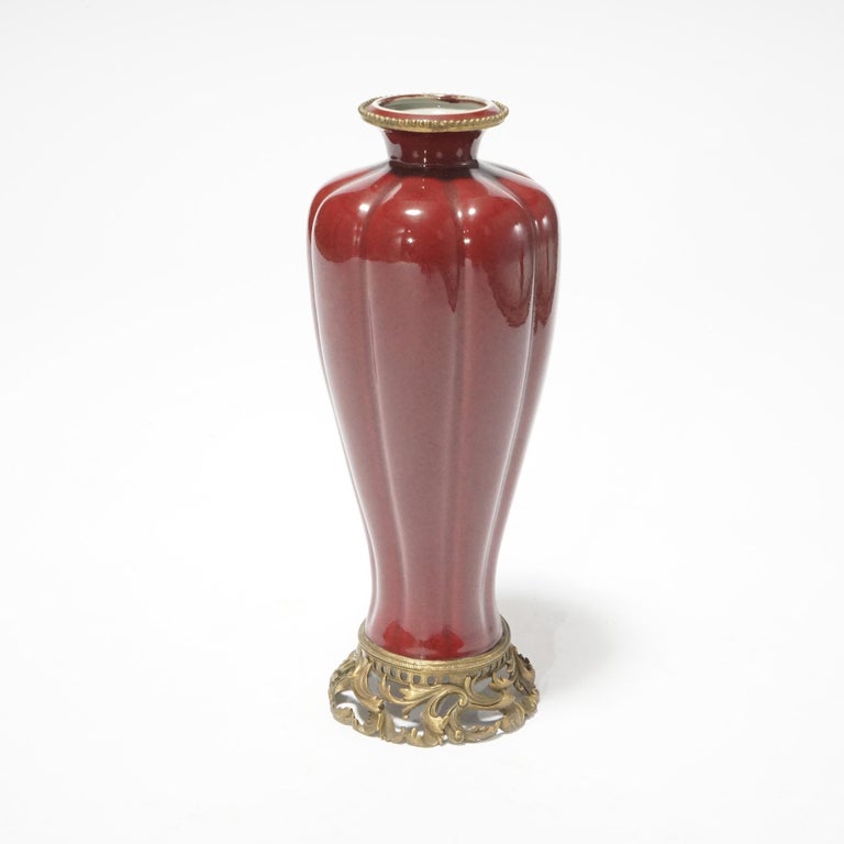 Chinese Vermillion Red Porcelain & Bronze Vase 20th C In Good Condition For Sale In Big Flats, NY