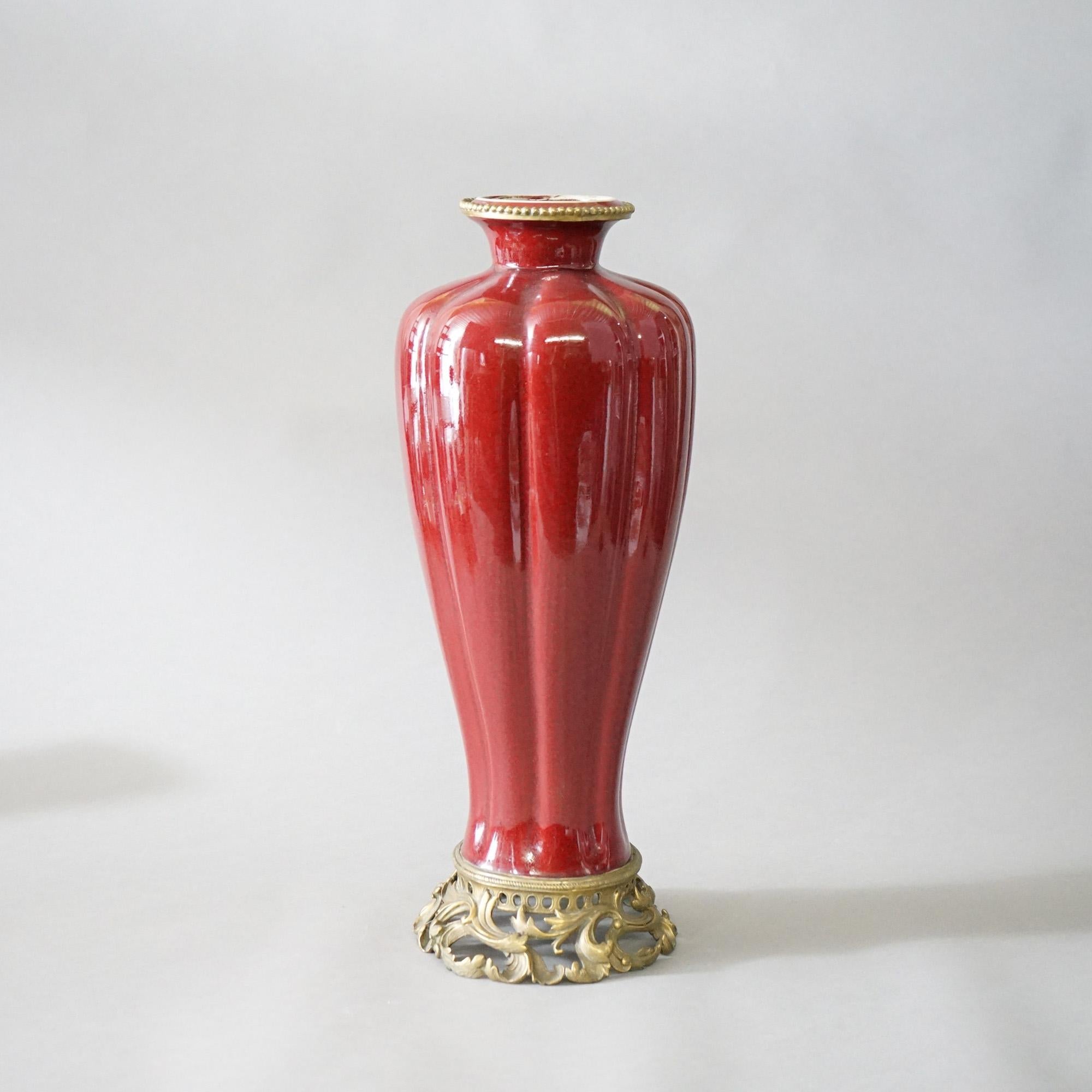 Chinese Vermillion Red Porcelain & Bronze Vase 20th C In Good Condition In Big Flats, NY