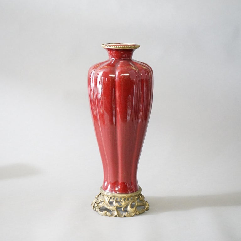 20th Century Chinese Vermillion Red Porcelain & Bronze Vase 20th C For Sale