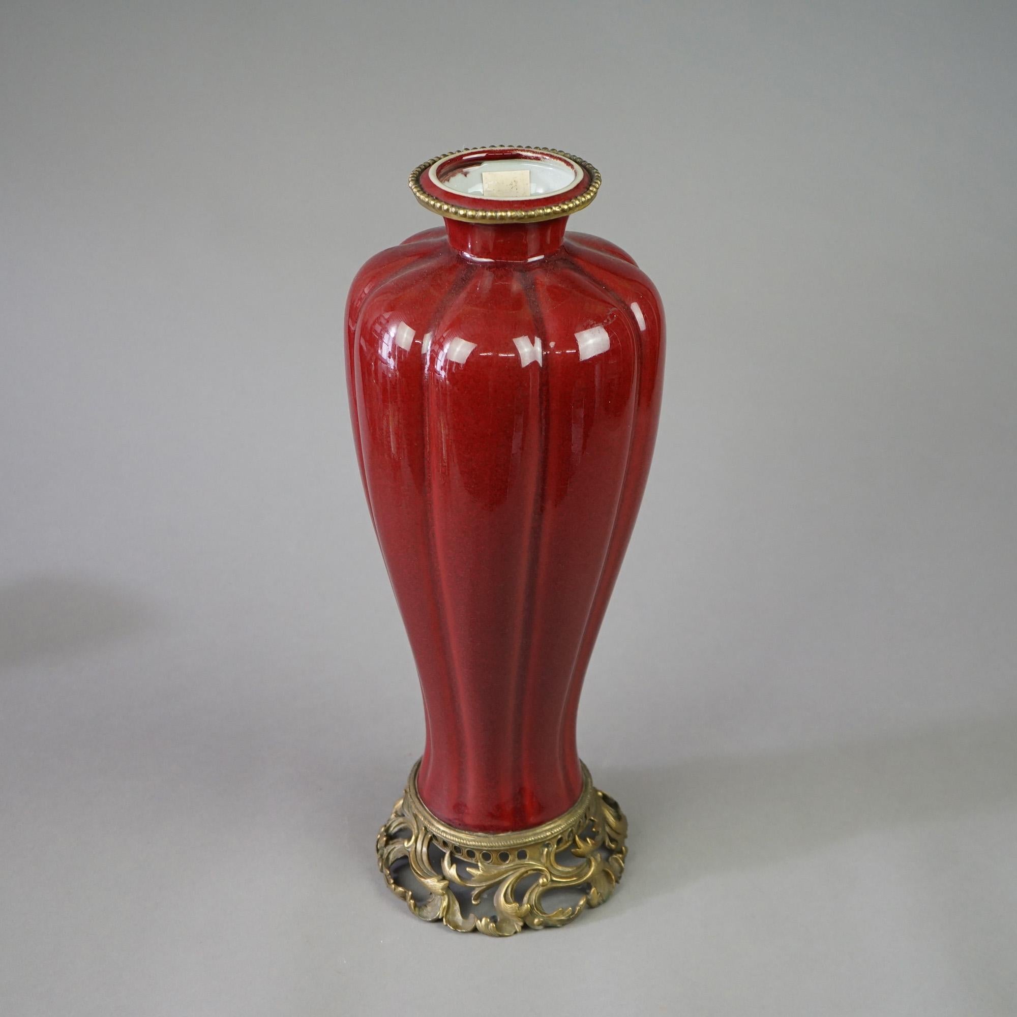 20th Century Chinese Vermillion Red Porcelain & Bronze Vase 20th C