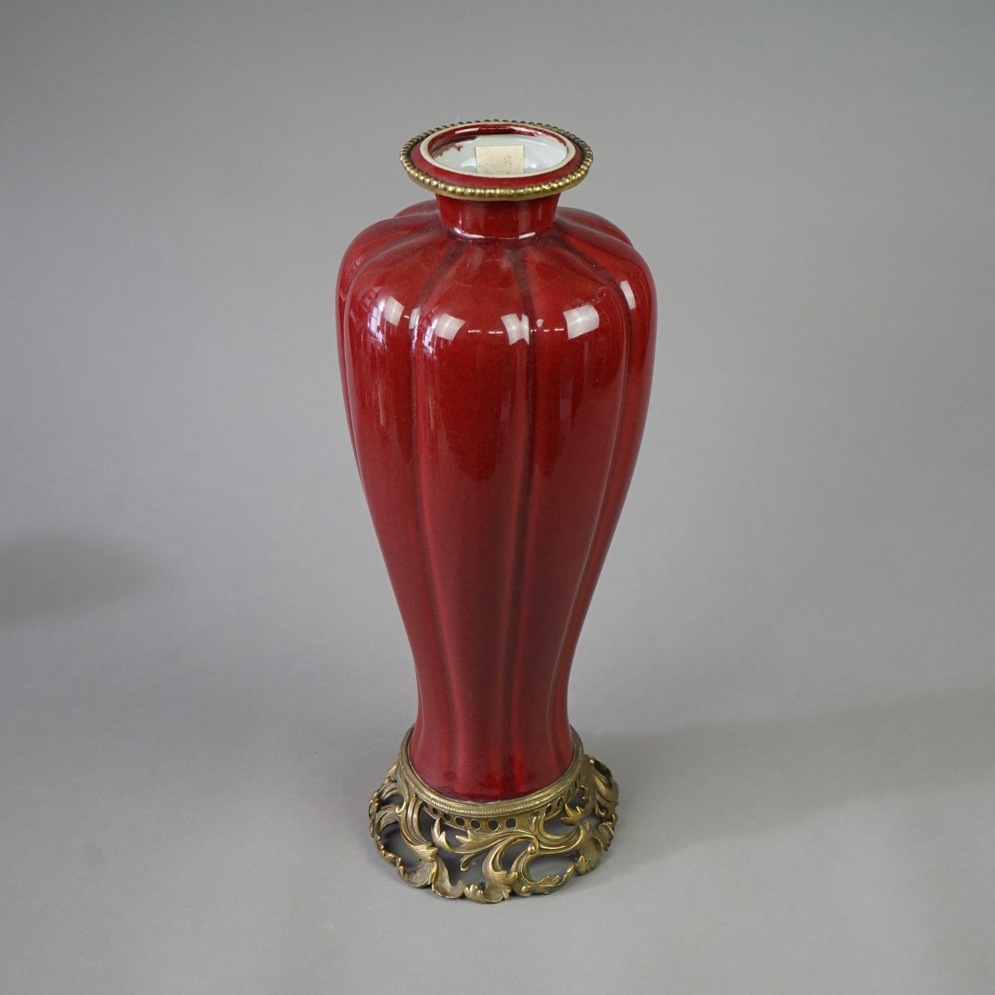 Chinese Vermillion Red Porcelain & Bronze Vase 20th C 1