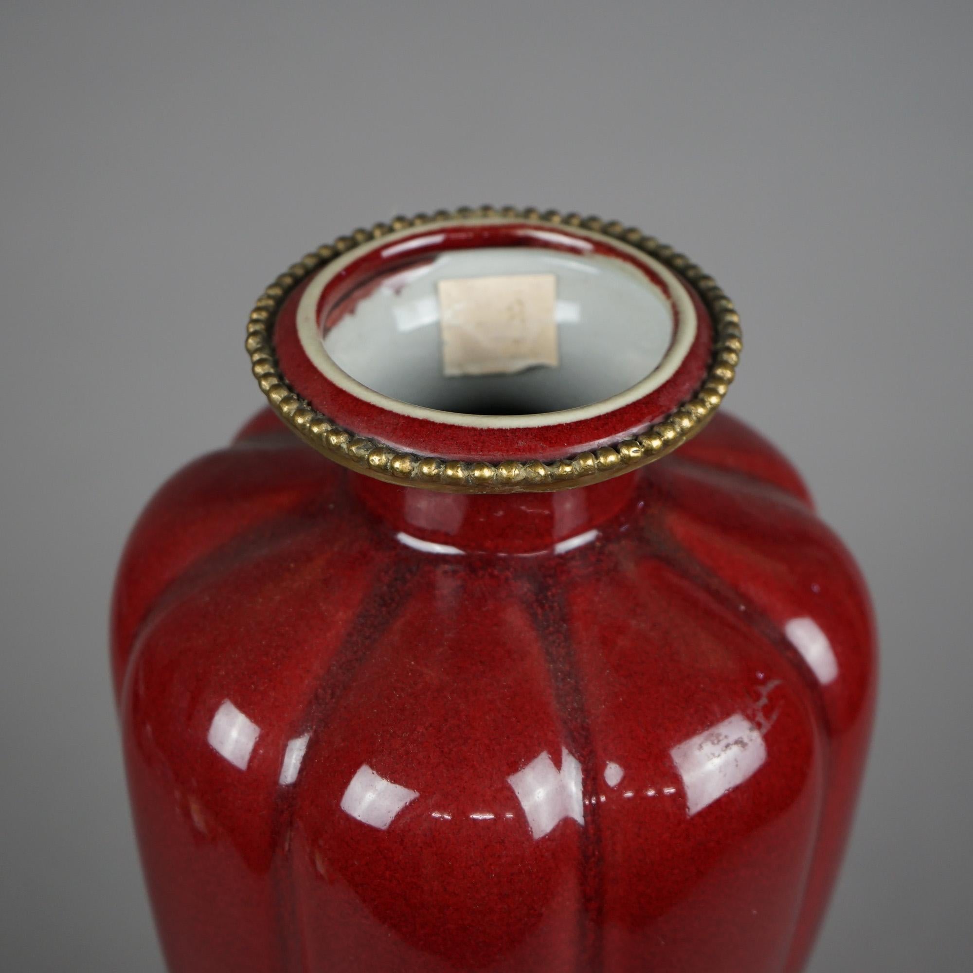 Chinese Vermillion Red Porcelain & Bronze Vase 20th C 3