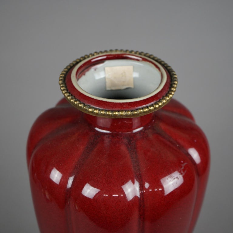 Chinese Vermillion Red Porcelain & Bronze Vase 20th C For Sale 4