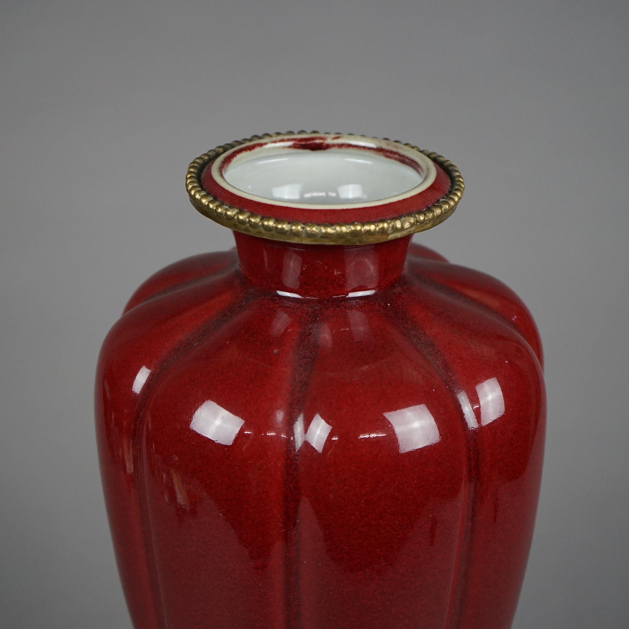 Chinese Vermillion Red Porcelain & Bronze Vase 20th C 4