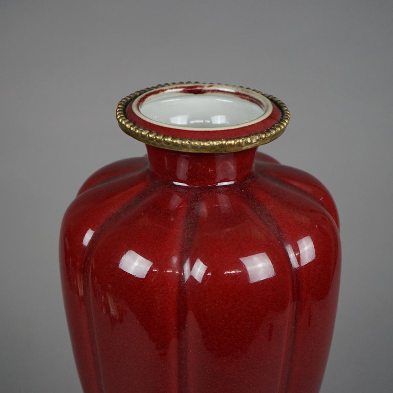 Chinese Vermillion Red Porcelain & Bronze Vase 20th C For Sale 5