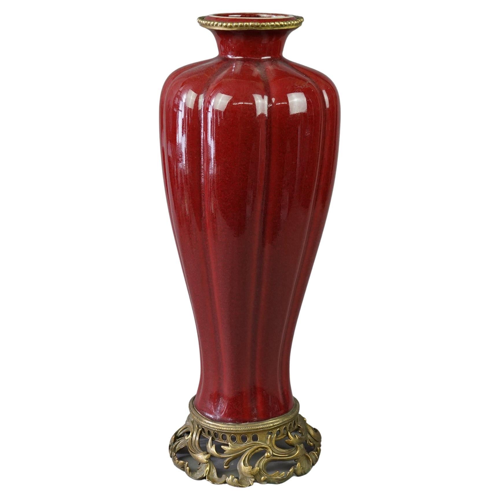 Chinese Vermillion Red Porcelain & Bronze Vase 20th C