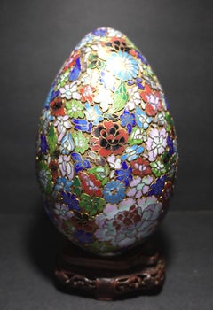 Chinese Very Large Cloisonné Enamel Egg "Flowers" with Wood Stand #13