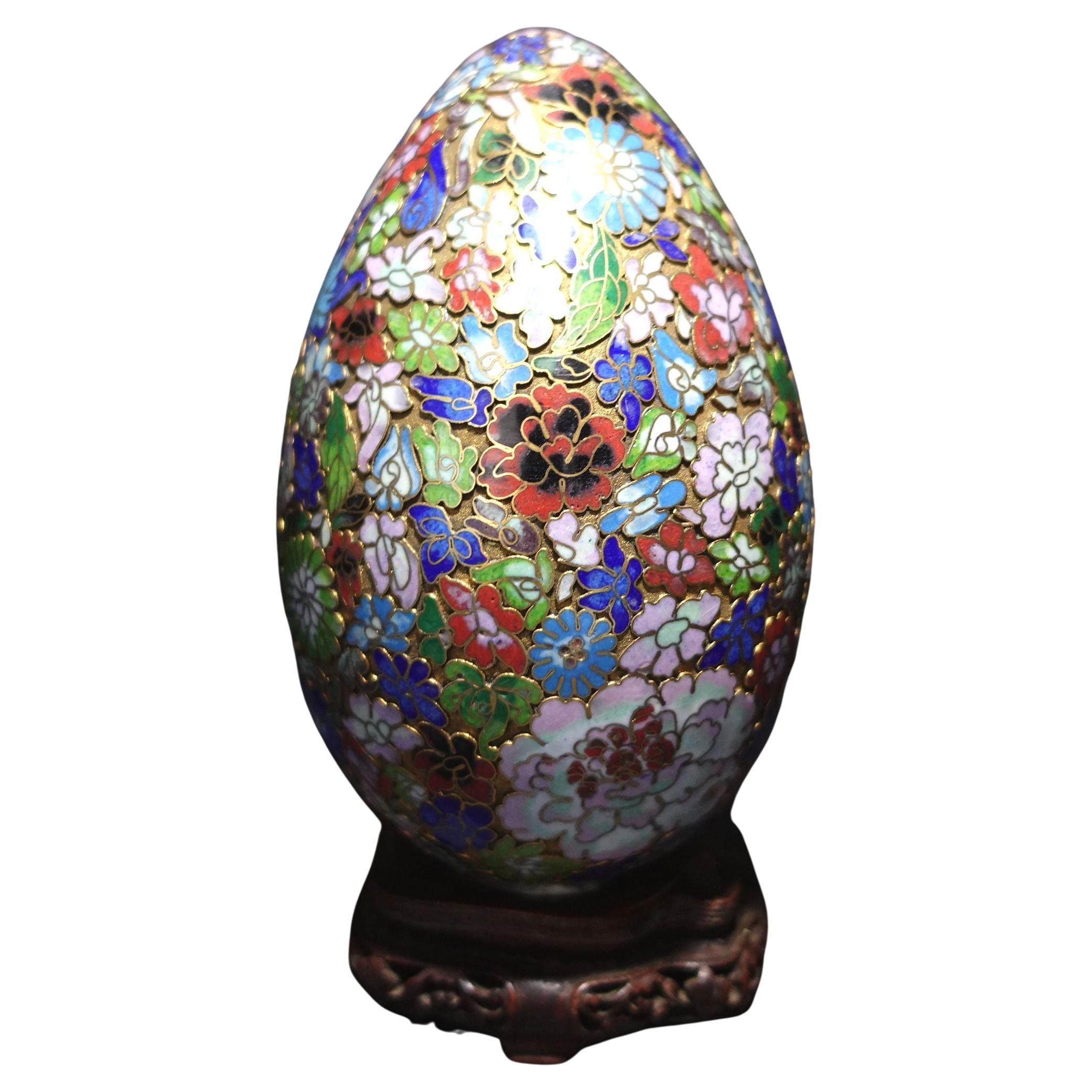 Chinese Very Large Cloisonné Enamel Egg "Flowers" with Wood Stand #13 For Sale