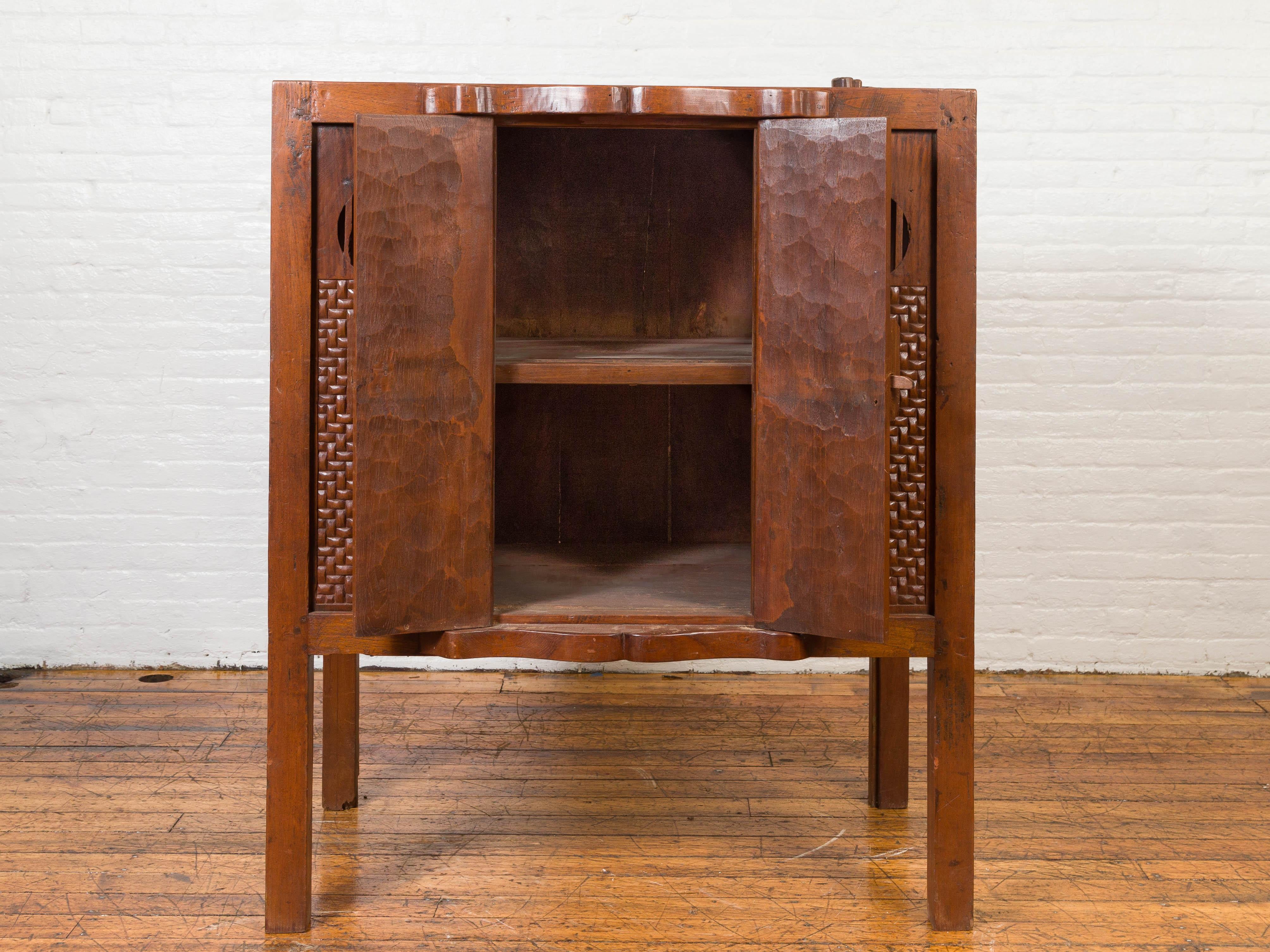 Mid-Century Modern Chinese Vintage 1940s Wooden Cabinet with Two Doors and Carved Panels