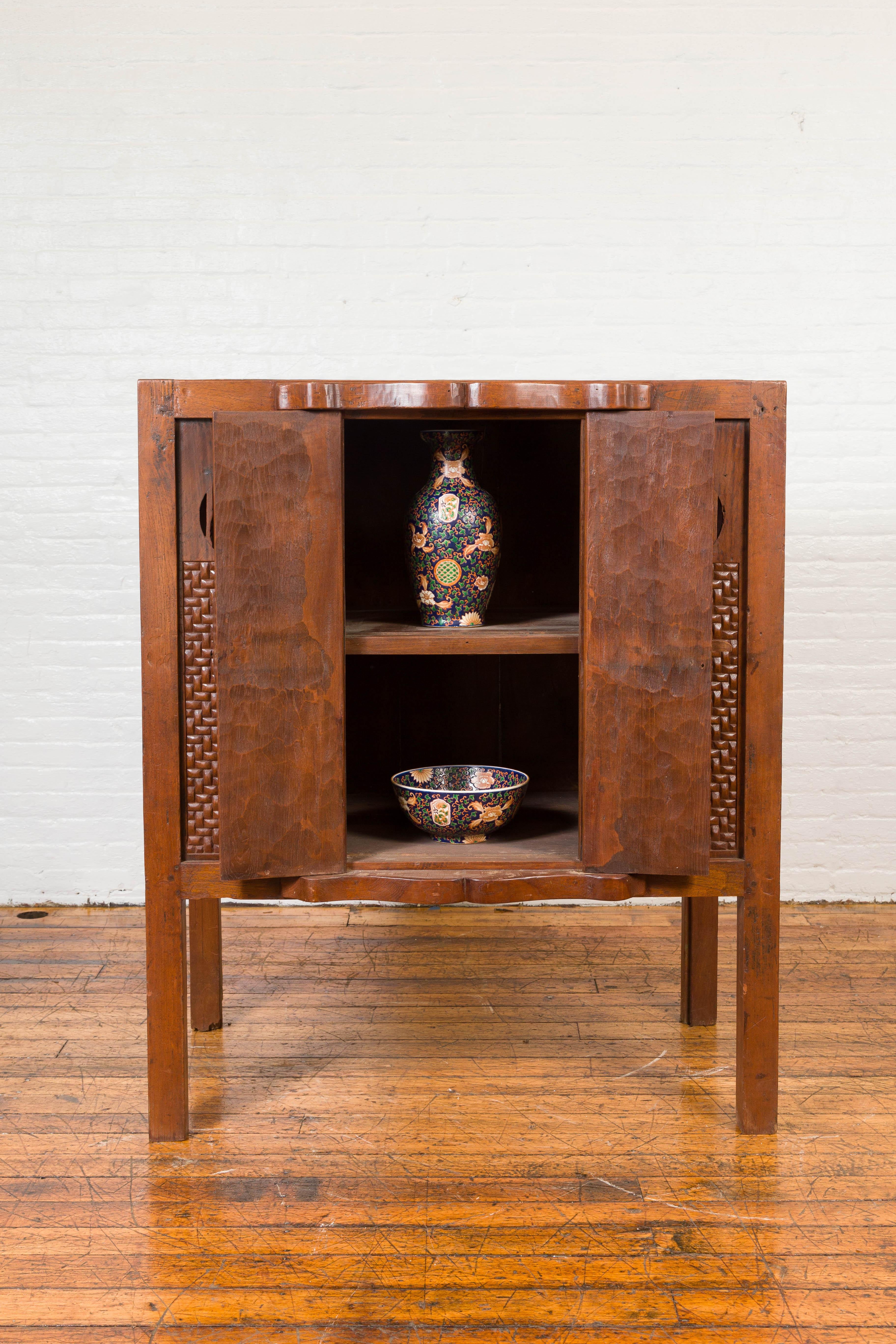 Chinese Vintage 1940s Wooden Cabinet with Two Doors and Carved Panels In Good Condition In Yonkers, NY