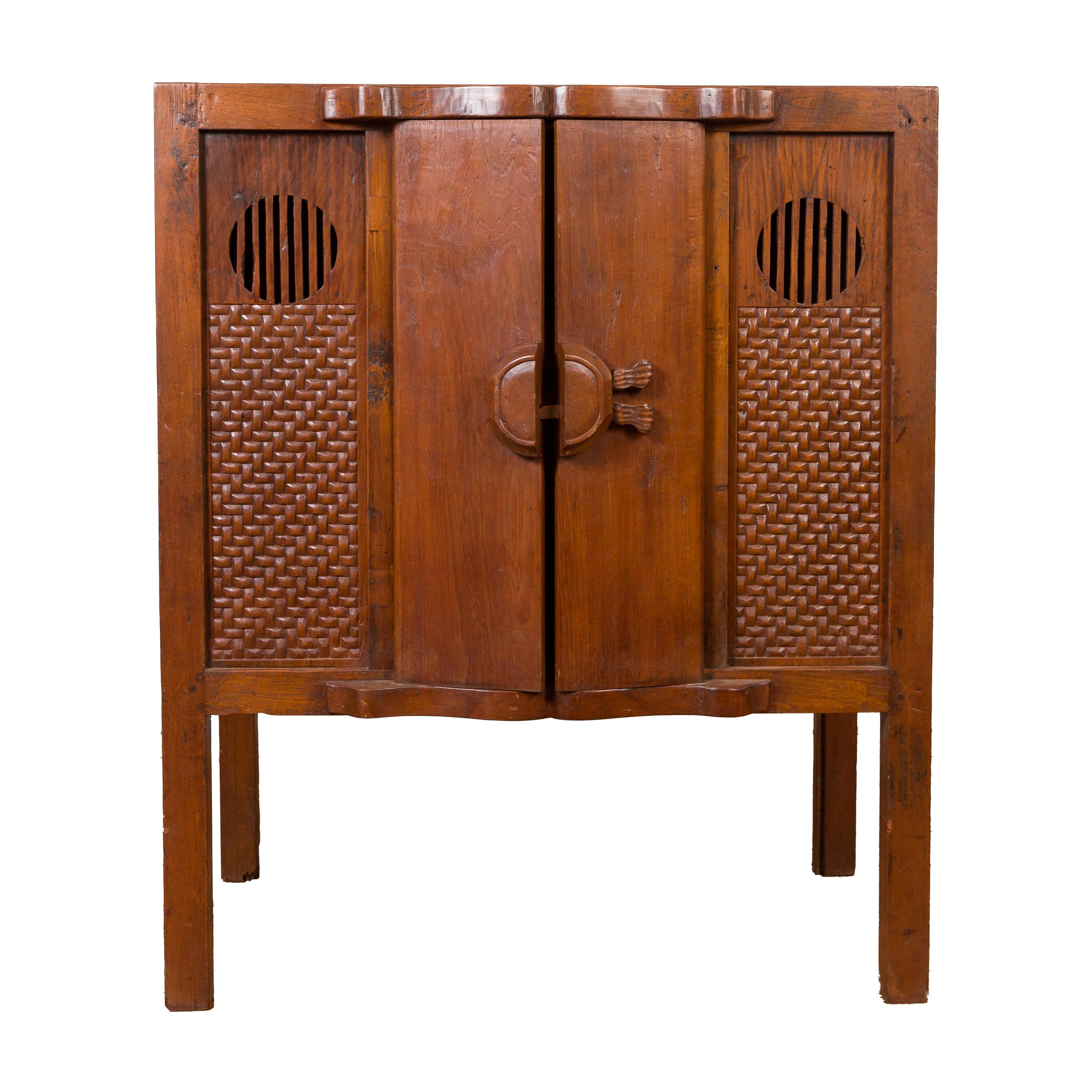 Chinese Vintage 1940s Wooden Cabinet with Two Doors and Carved Panels