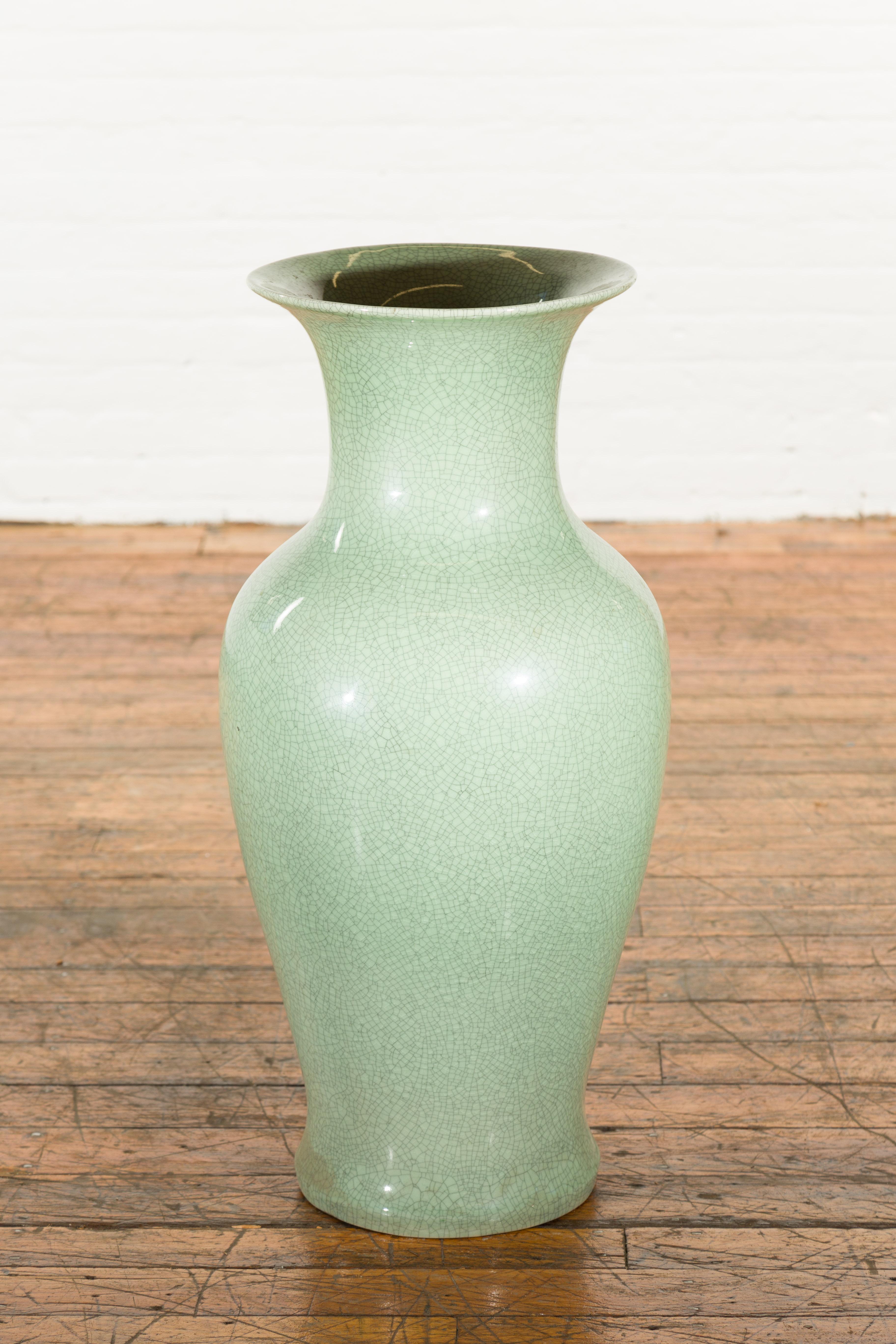 Chinese Vintage Altar Vase with Crackle Celadon Finish and Flaring Neck For Sale 1
