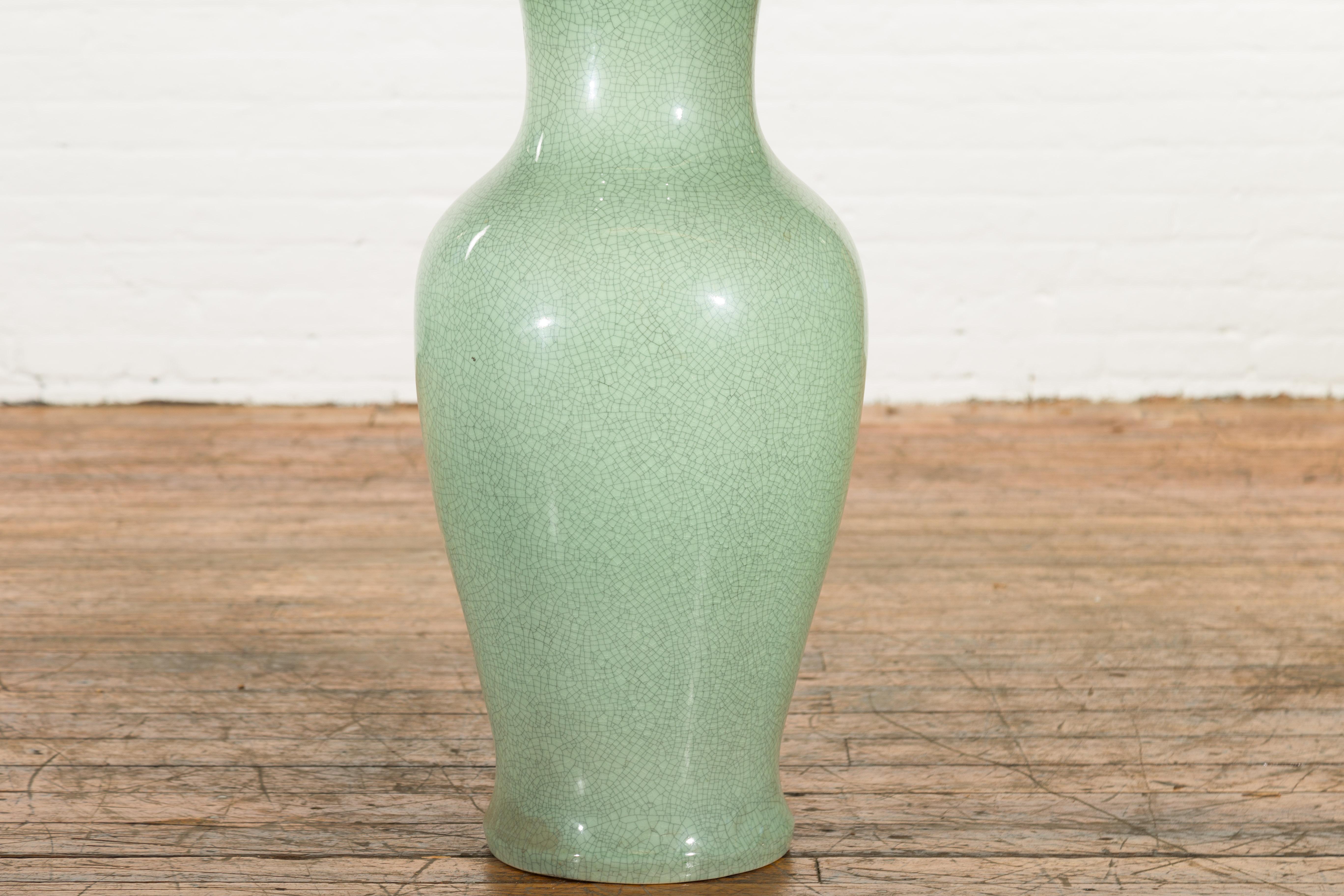 Glazed Chinese Vintage Altar Vase with Crackle Celadon Finish and Flaring Neck For Sale