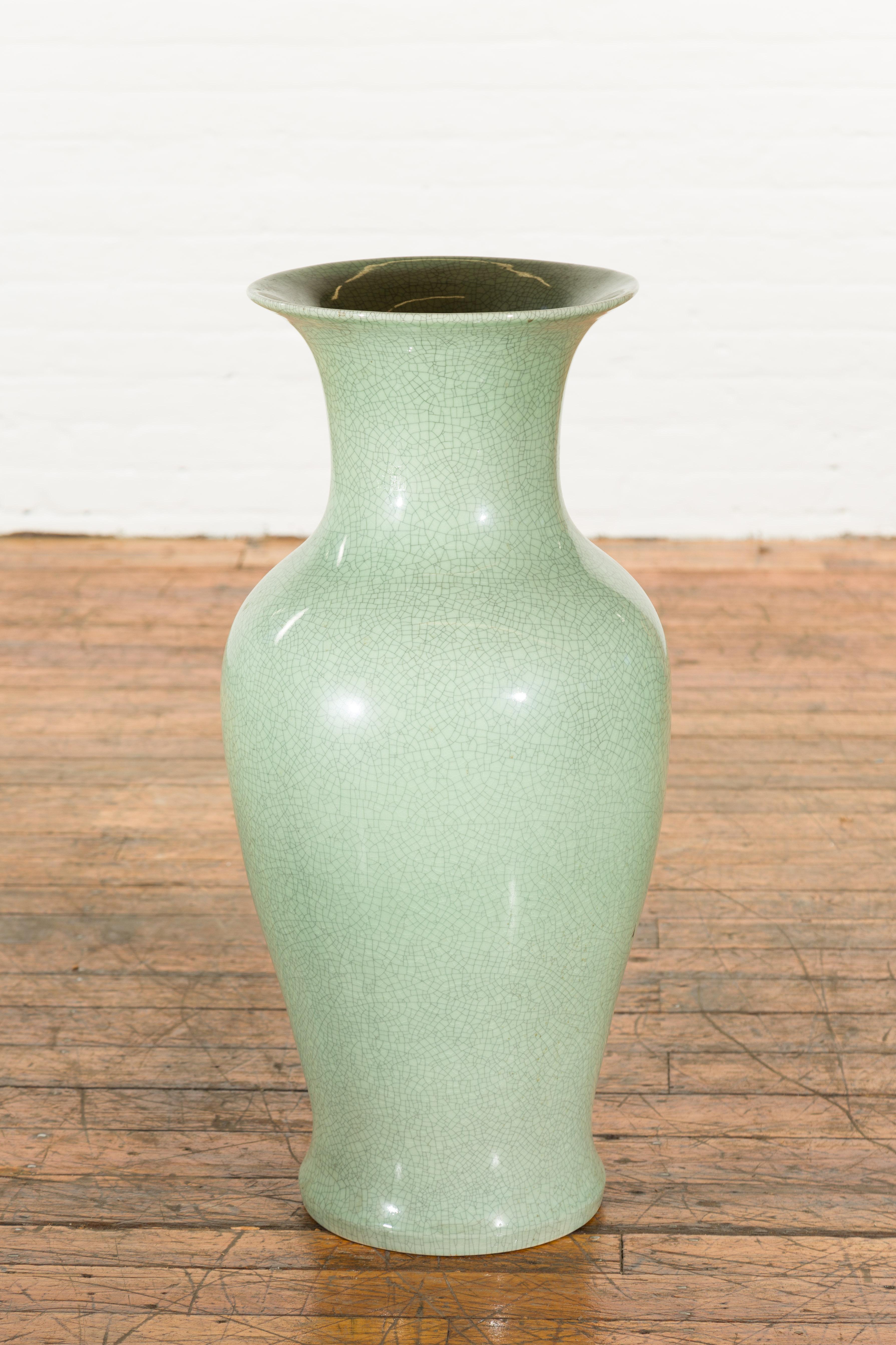 Porcelain Chinese Vintage Altar Vase with Crackle Celadon Finish and Flaring Neck For Sale