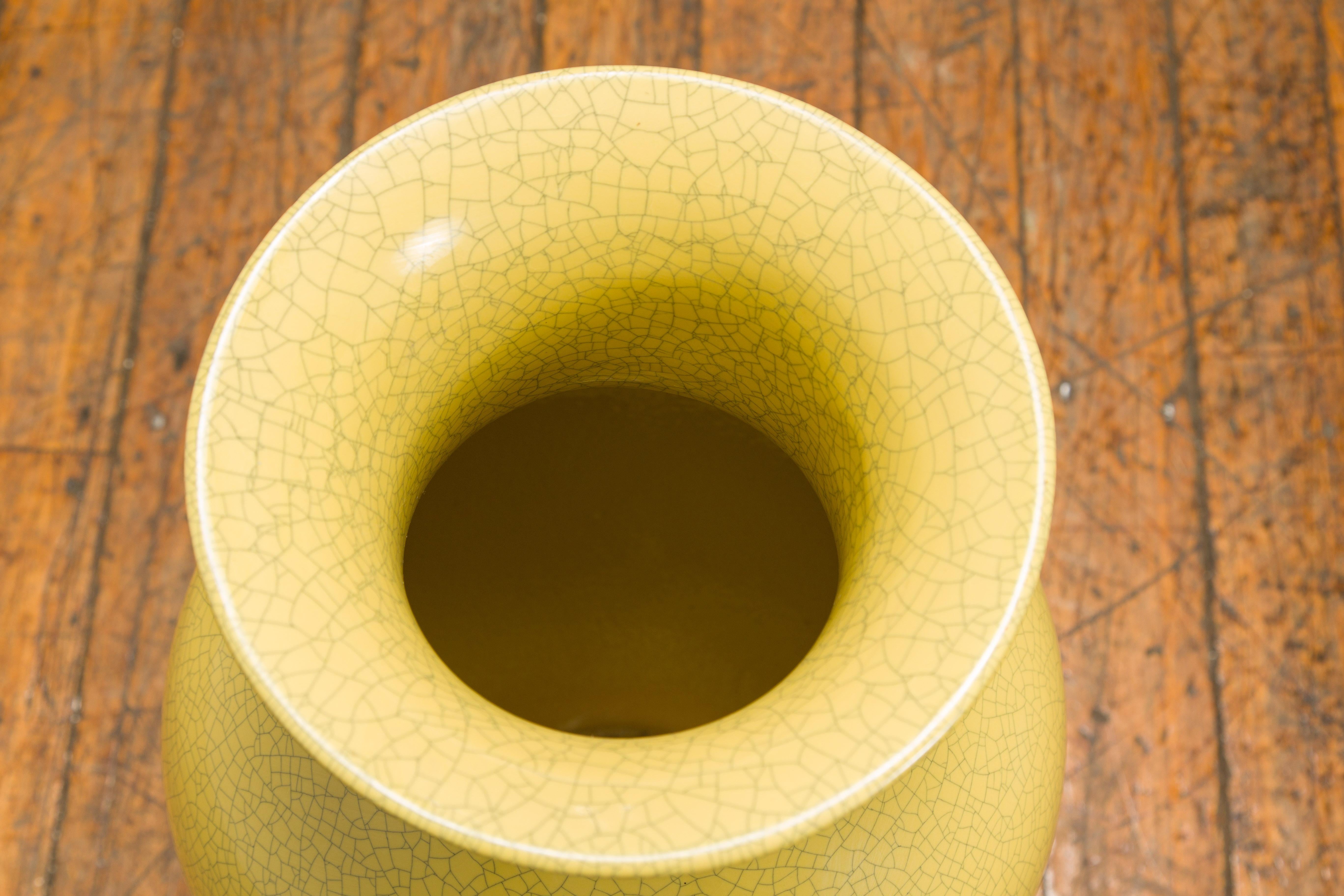Vintage Altar Vase with Yellow Crackle Finish and Flaring Neck For Sale 4