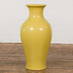 Vintage Altar Vase with Yellow Crackle Finish and Flaring Neck