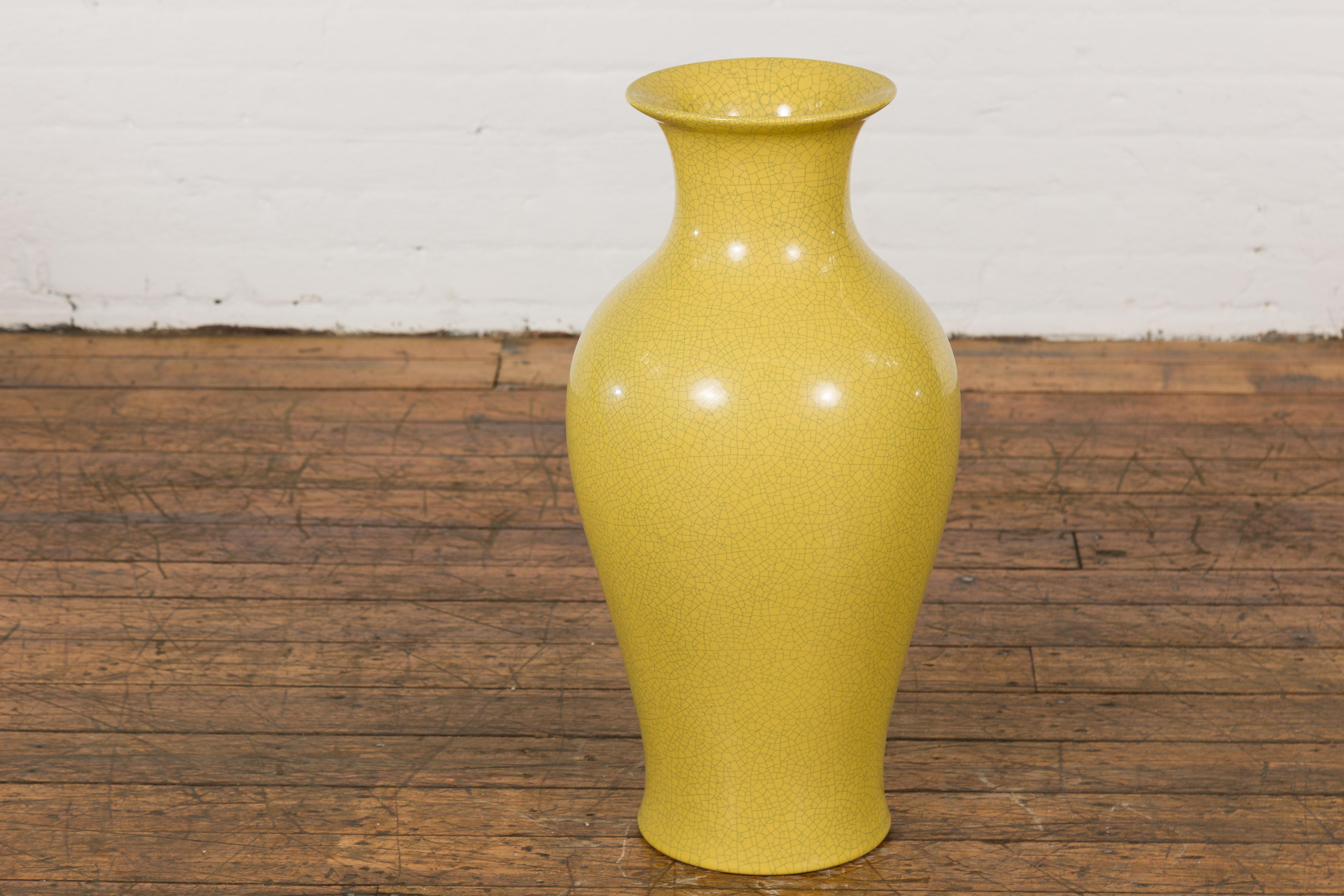 Glazed Chinese Vintage Altar Vase with Yellow Crackle Finish and Flaring Neck For Sale