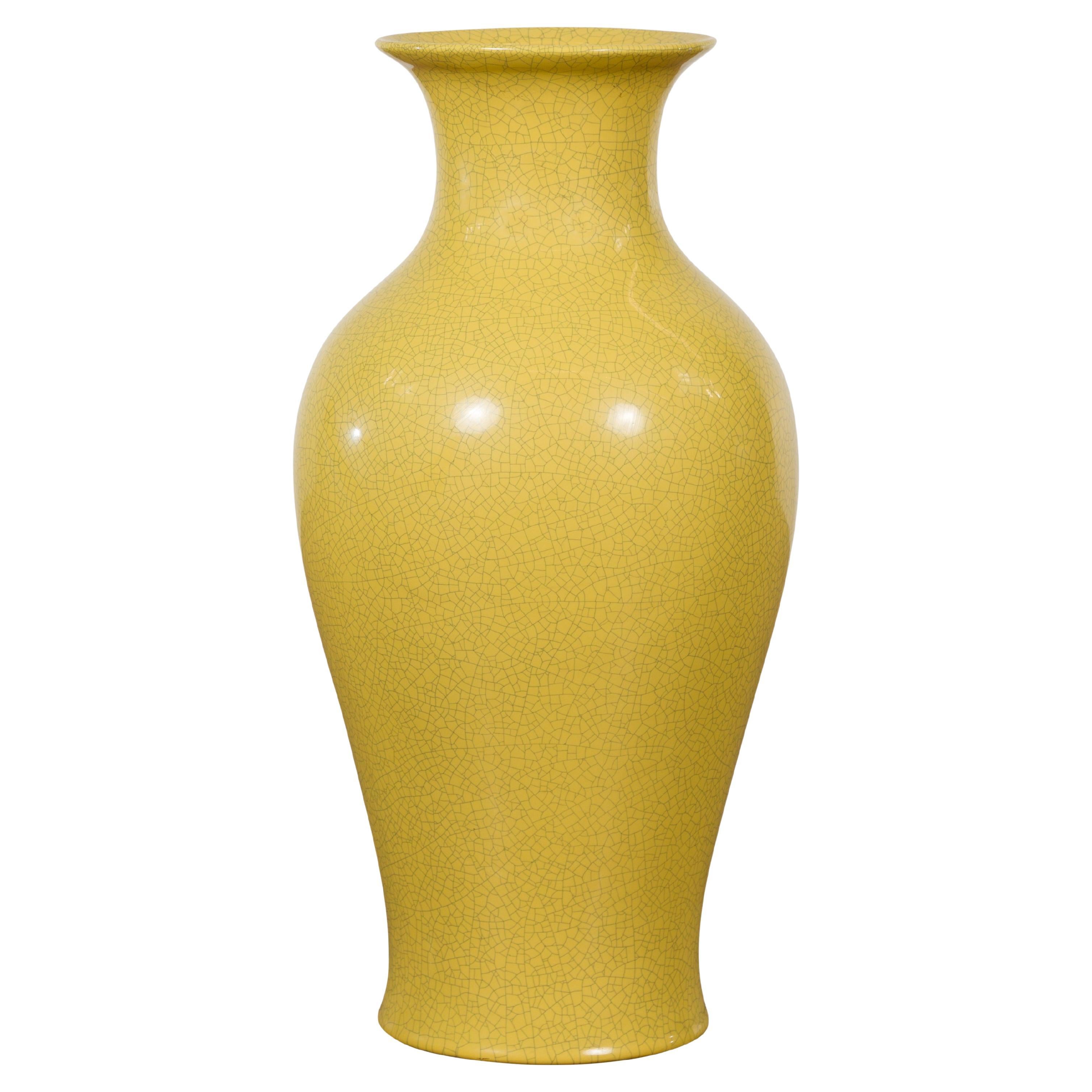 Chinese Vintage Altar Vase with Yellow Crackle Finish and Flaring Neck For Sale