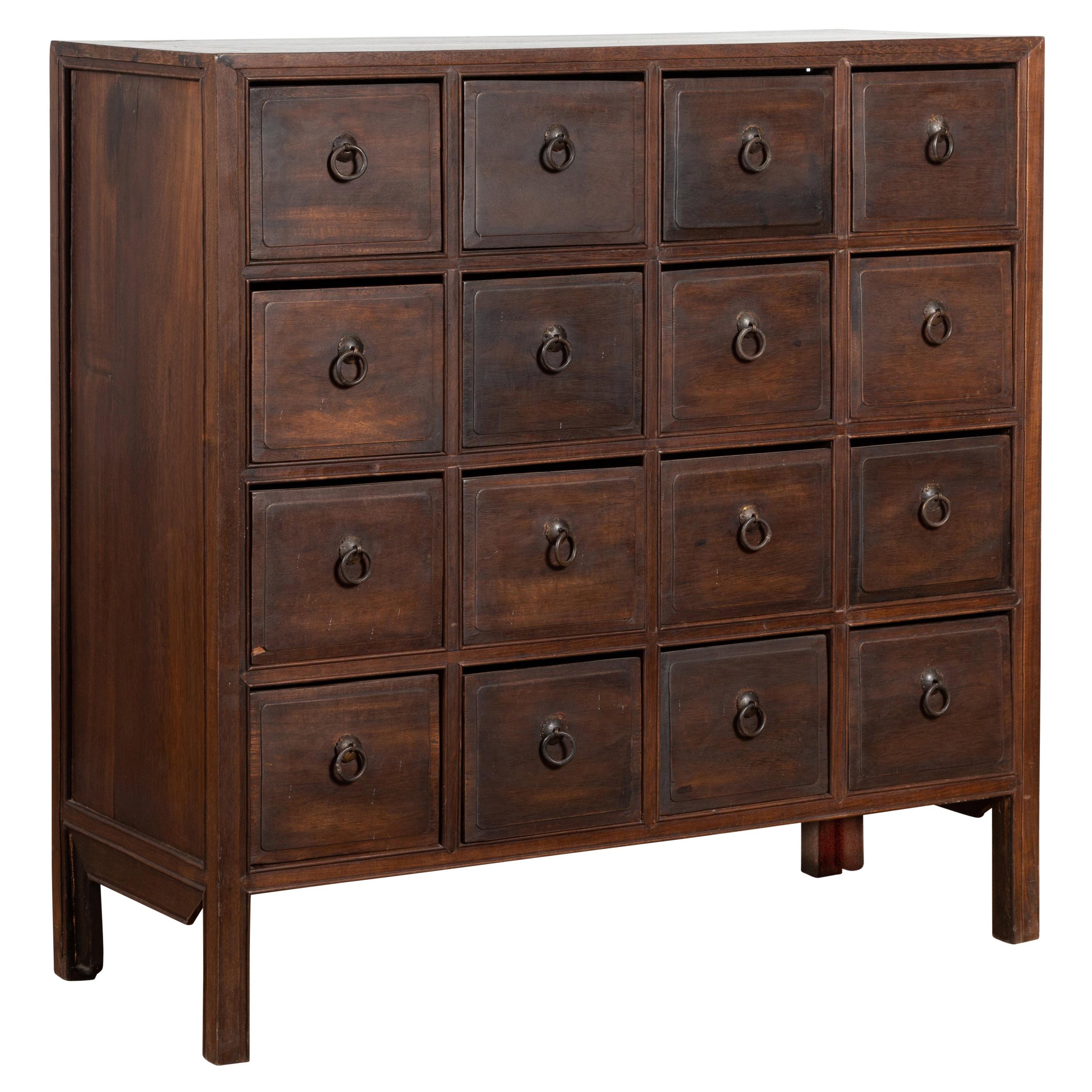 Chinese Vintage Apothecary Cabinet with 16 Drawers and Dark Brown Patina