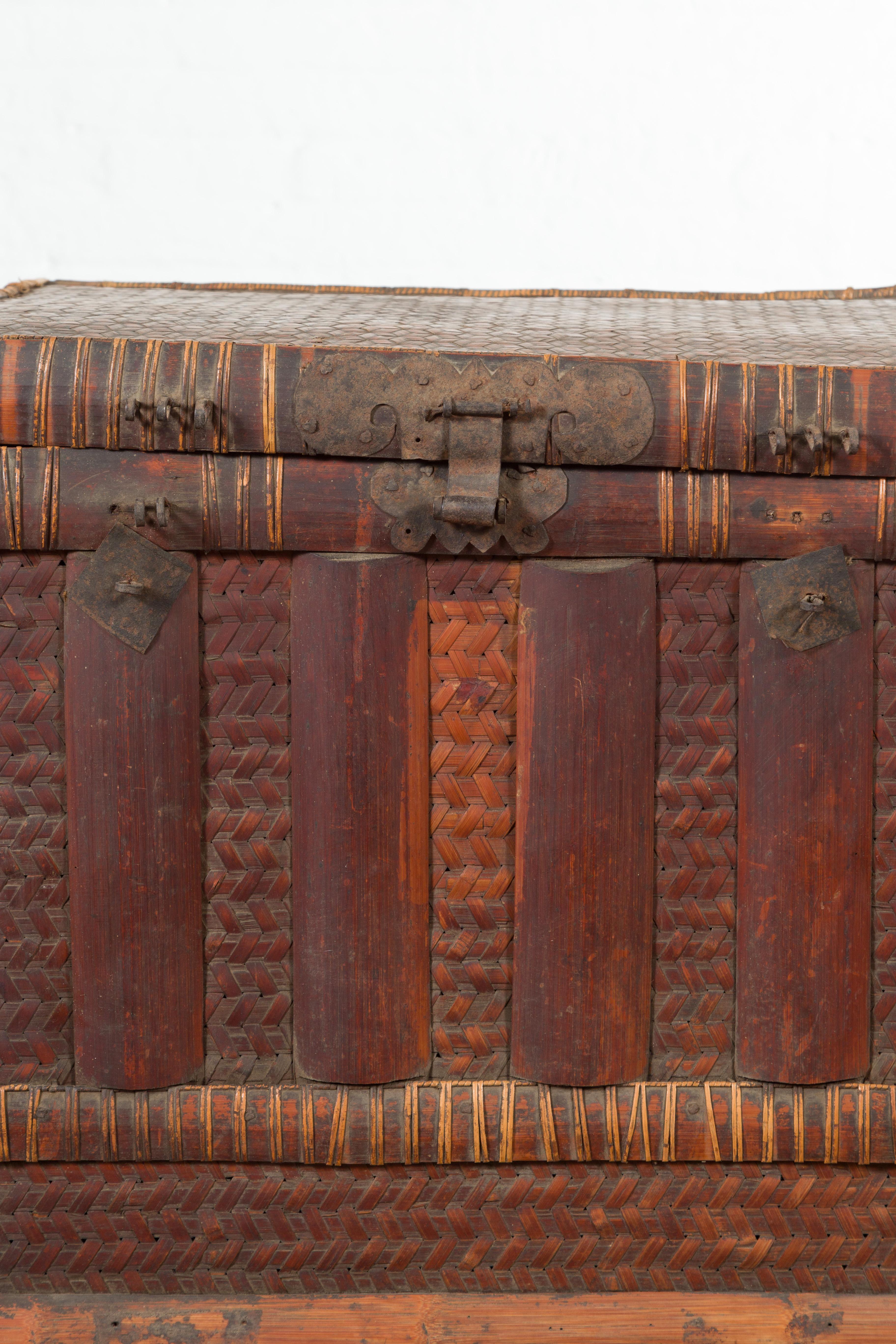 Chinese Vintage Bamboo and Rattan Basket with Iron Accents and Distressed Patina 4