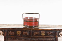 Chinese Vintage Black and Red Round Picnic Basket with Gilt Chinoiserie Décor